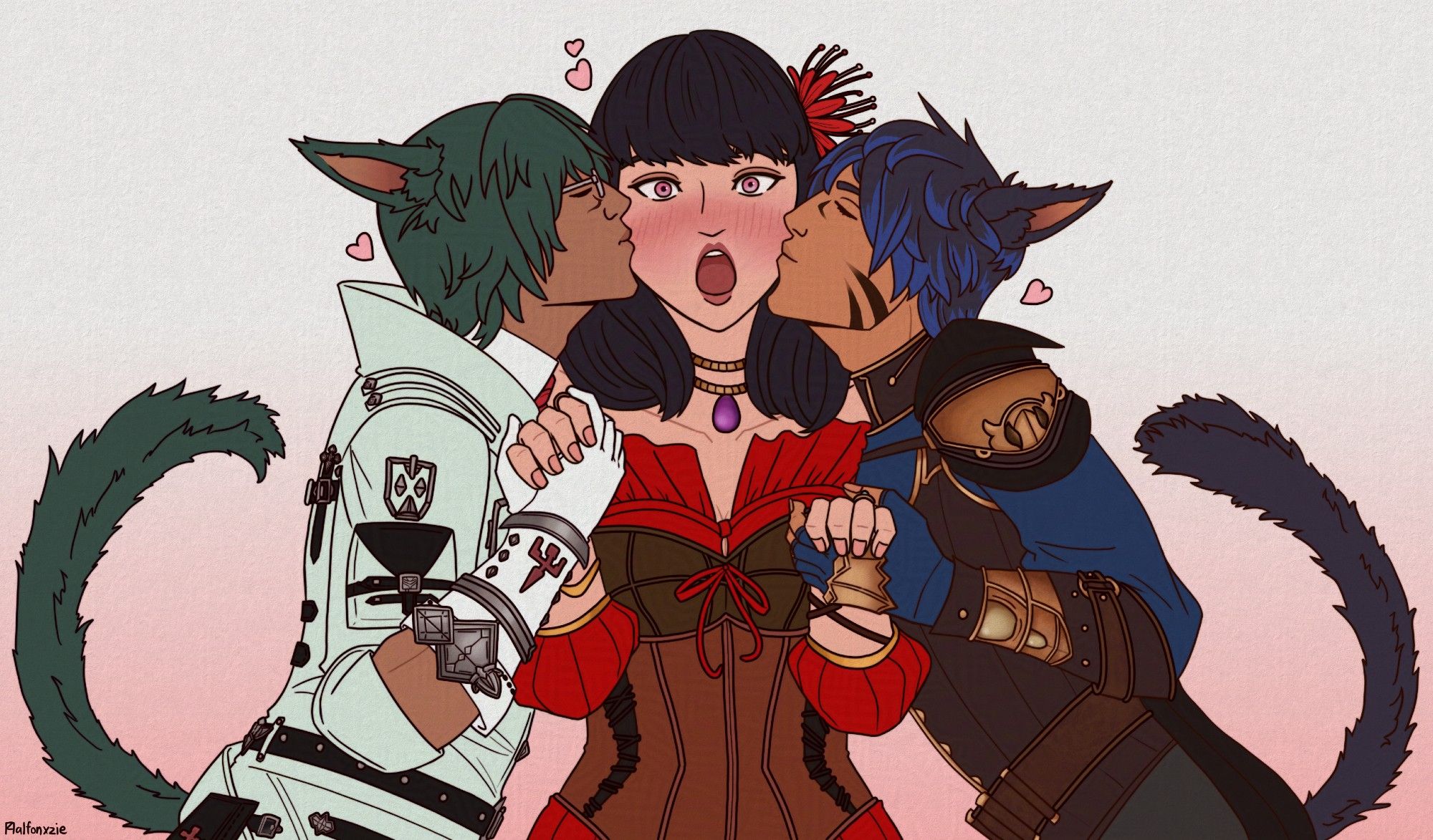 FFXIV art of an Elezen woman in a red off-shoulder dress with corset, super flustered and blushing from having both her cheeks getting kissed by handsome Hhetsarro and Miqo'te men as they each held her hands