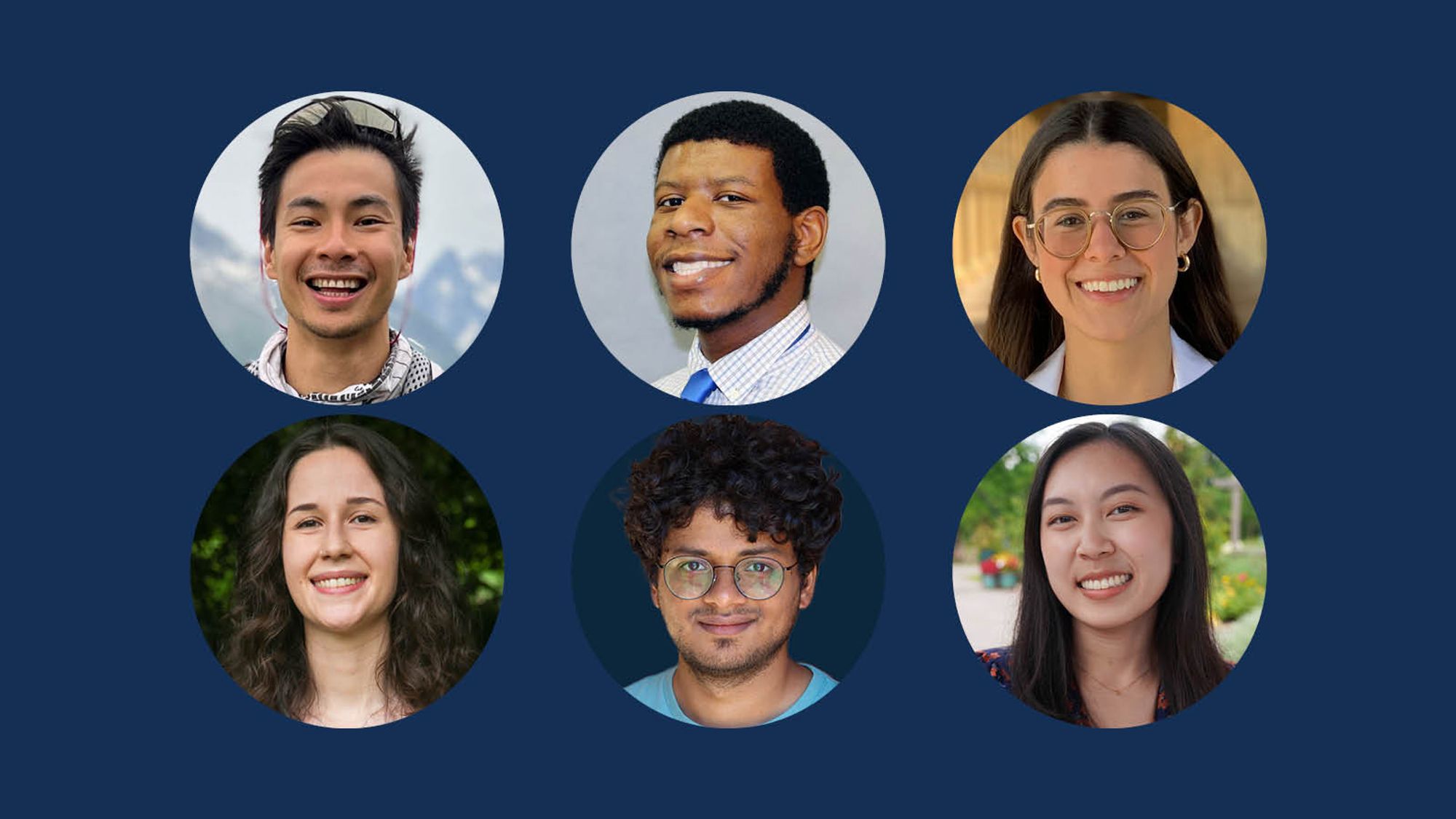 Graphic with six circle frames displaying portrait photos of N A S W Diversity Summer Fellows of different genders and ethnicities.