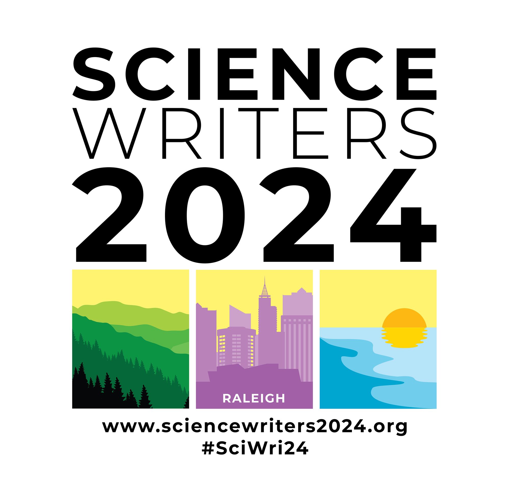 Square graphic with the Science Writers 2024 conference logo, a triptych showing the Blue Ridge Mountains, downtown Raleigh skyline, and the North Carolina coastline with a rising sun. Web address science writers 2024 dot org and hashtag Sci Wri 24 are visible below.