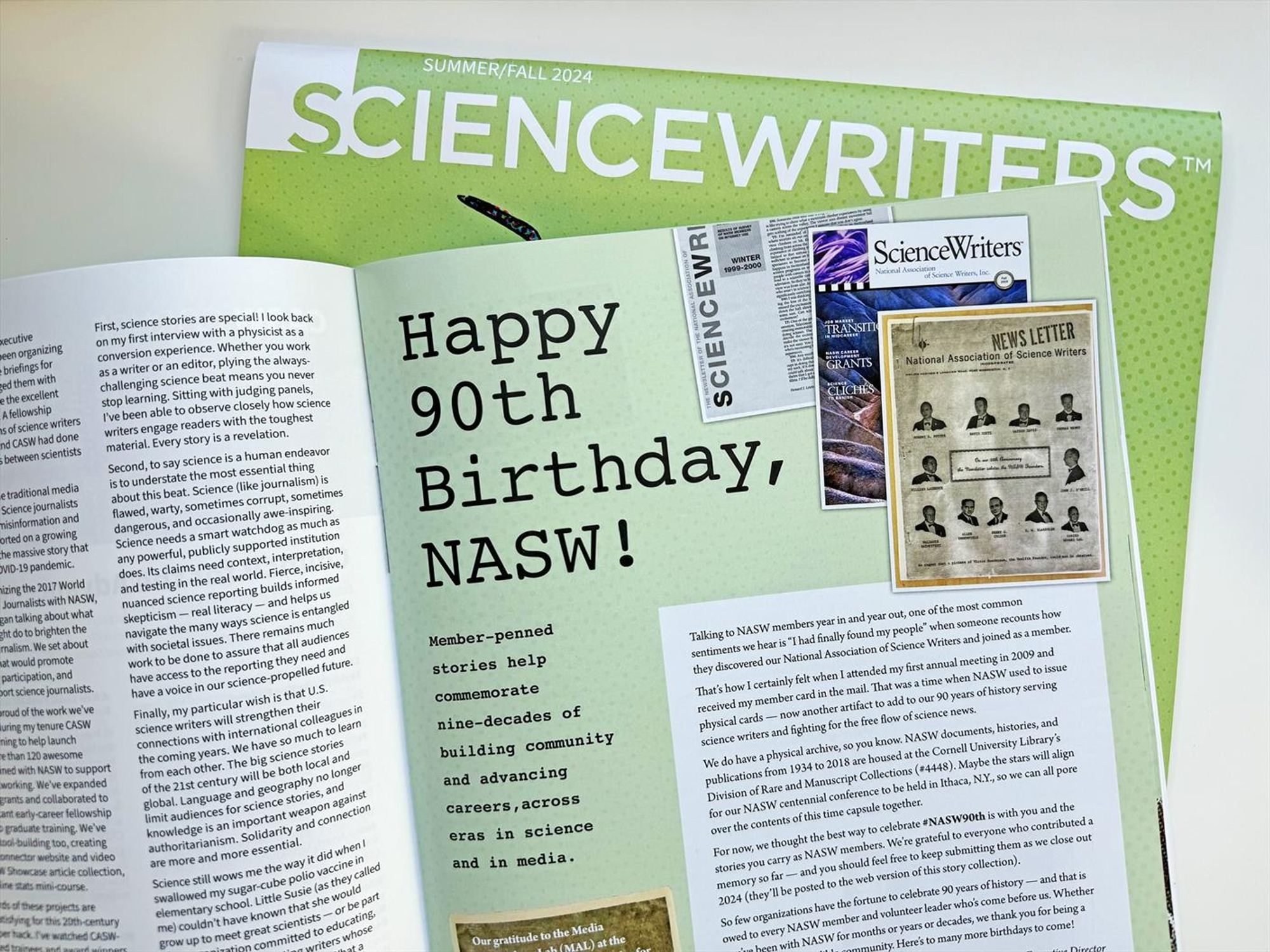 Photo of a feature spread within the Summer Fall 2024 issue of Science Writers magazine, with the headline Happy Ninetieth Birthday N A S W. The spread is stacked over another magazine, showing the magazine title.