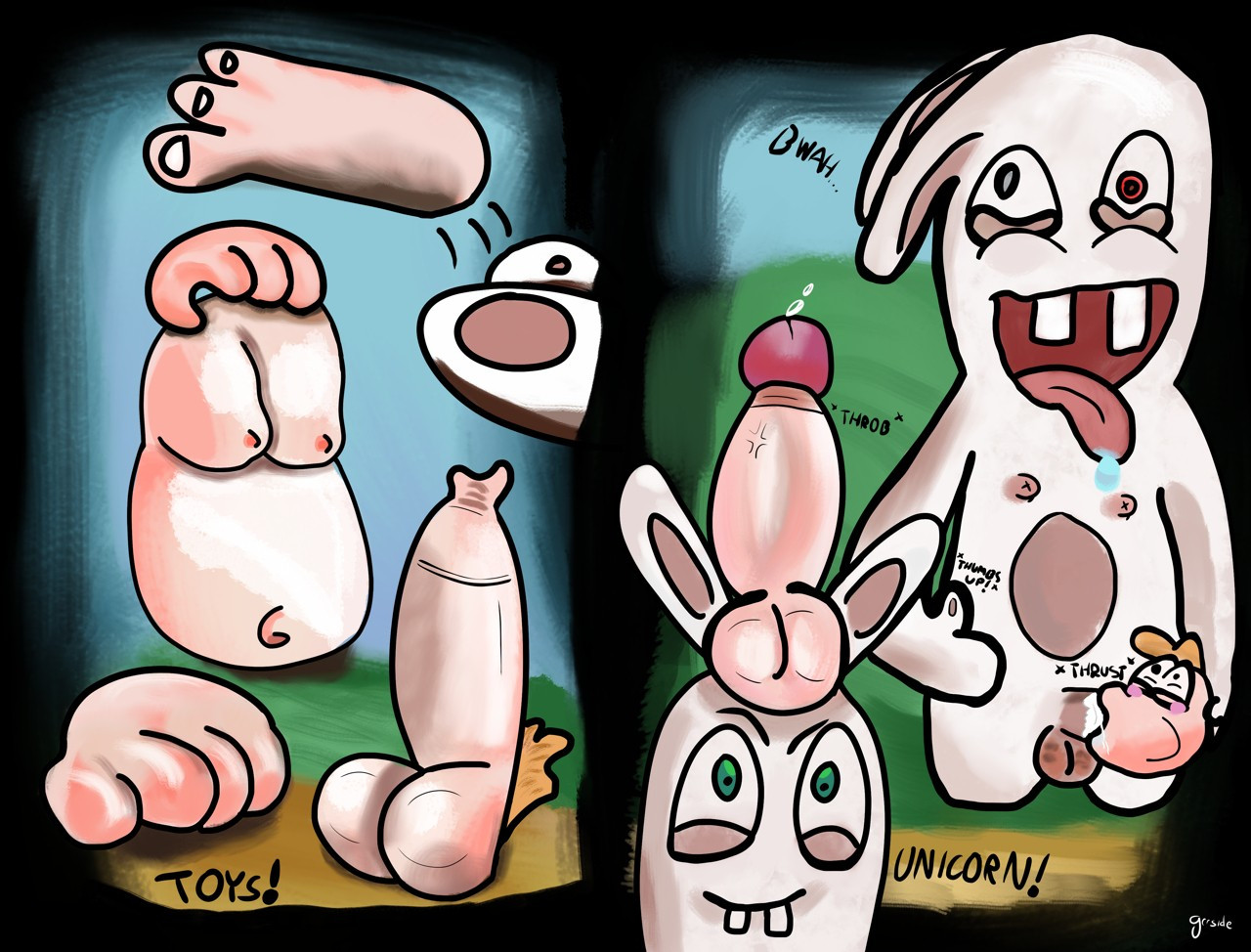 The Rabbids celebrate Rayman's exposed body parts being new "toys" to play with. His detached head is used as a fleshlight and his erect cum-spewing cock is used by a Rabbid to pretend he's a unicorn.