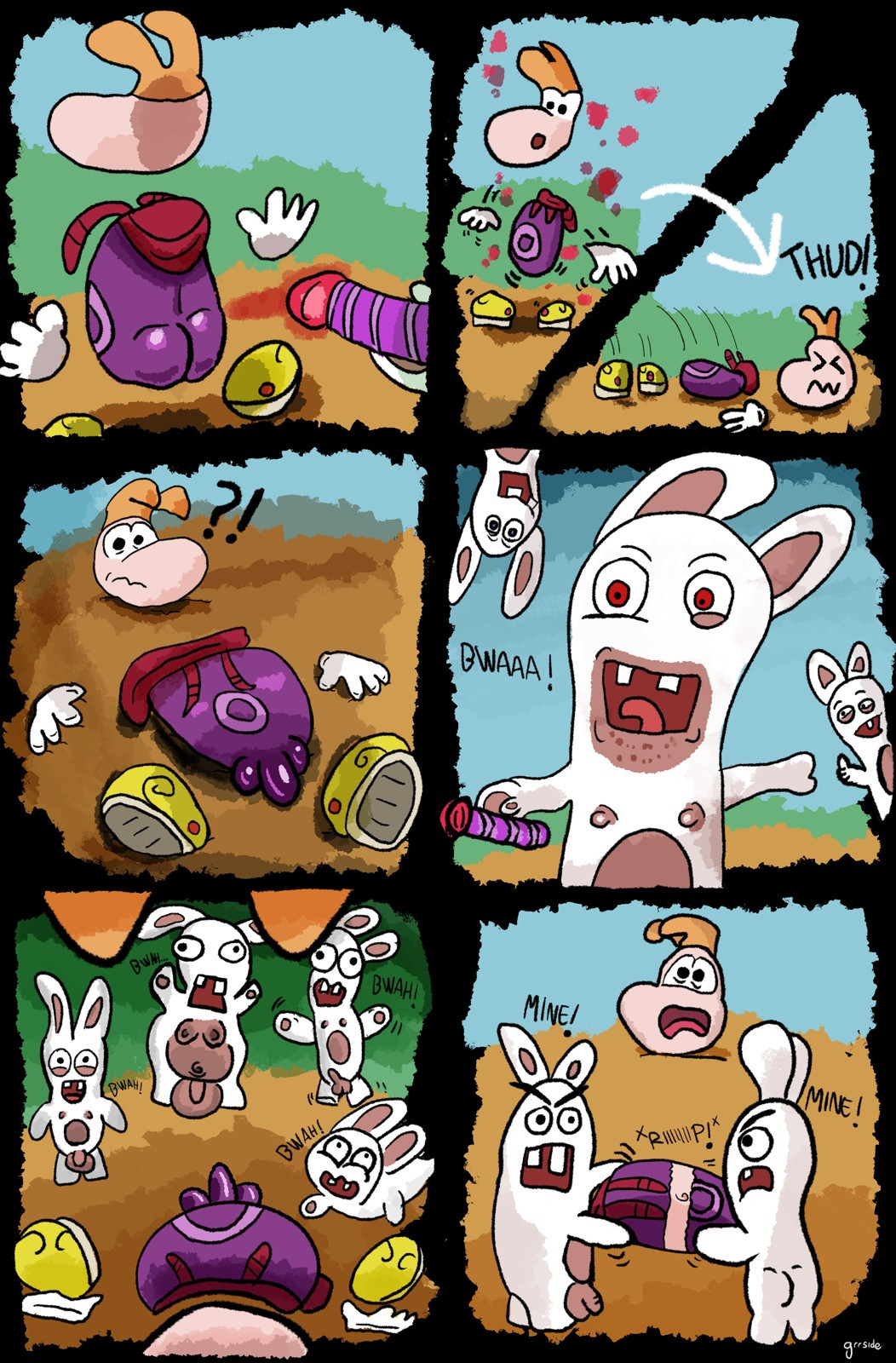 A comic where Ubisoft's Rayman is attacked by a group of naked Rabbids. They use a wand to make Rayman's modular body parts stop floating, then they fight over his body pieces.