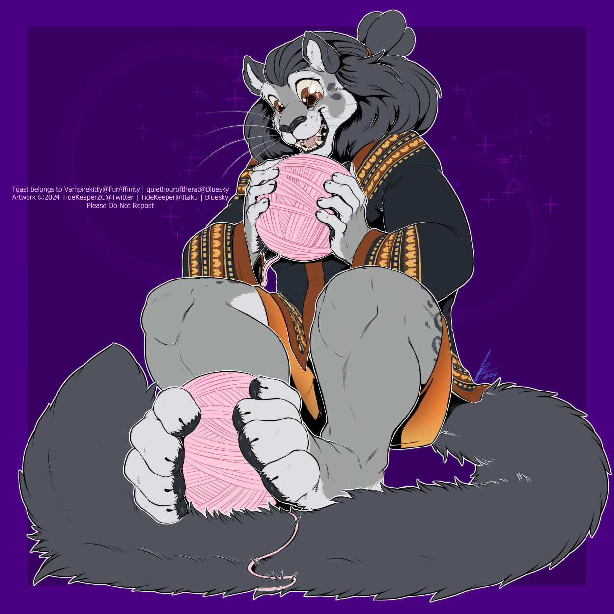 Toast (a hybrid snow leopard-lion with fur in shades of gray and gold eyes, belonging to Vampirekitty/@quiethouroftherat) holding two large balls of pastel pink yarn.  He wears a robe with heart patterns in shades of orange set against dark gray, and has part of his mane tied back out of his face.  He holds one of the yarn balls between his paws, with his tail wrapped underneath as a cushion; the other yarn ball is held in his hands.  He is very excited and pleased, appearing ready to knit something (or play with the yarn balls for a while).