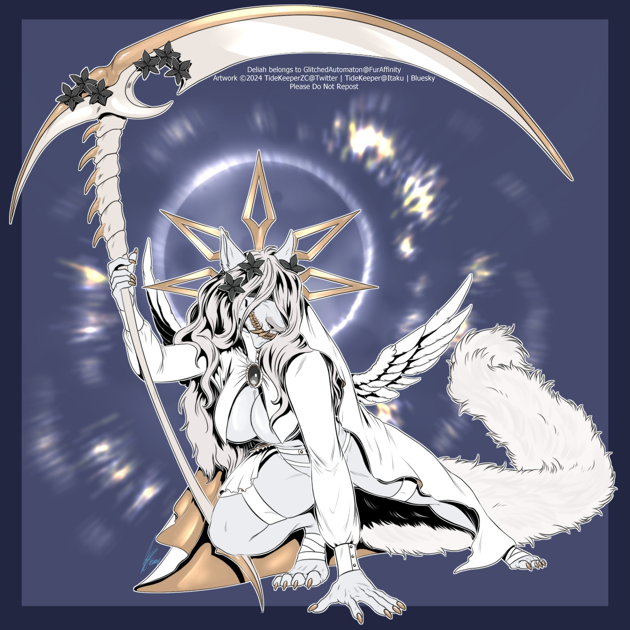 Deliah (an anthropomorphic canid with exposed fangs, white fur, gold claws, and pale gray hair that covers her eyes, belonging to GlitchedAutomaton) crouches low, steadying herself with one hand on the ground, using the other to grip the handle of a bone-themed scythe of white and gold.  She wears a bridal veil and is haloed by a five-pointed golden crown that appears to hover behind her head.  Her expression is vaguely threatening, and the true direction of her gaze is hidden by a blindfold.