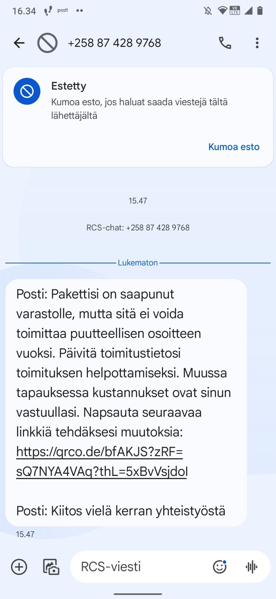 Huijausviesti Postilta. Kuvassa höpöteksti, jonka jälkeen höpölinkki joka johtaa köyhyysrajan alapuolelle melko nopeasti.