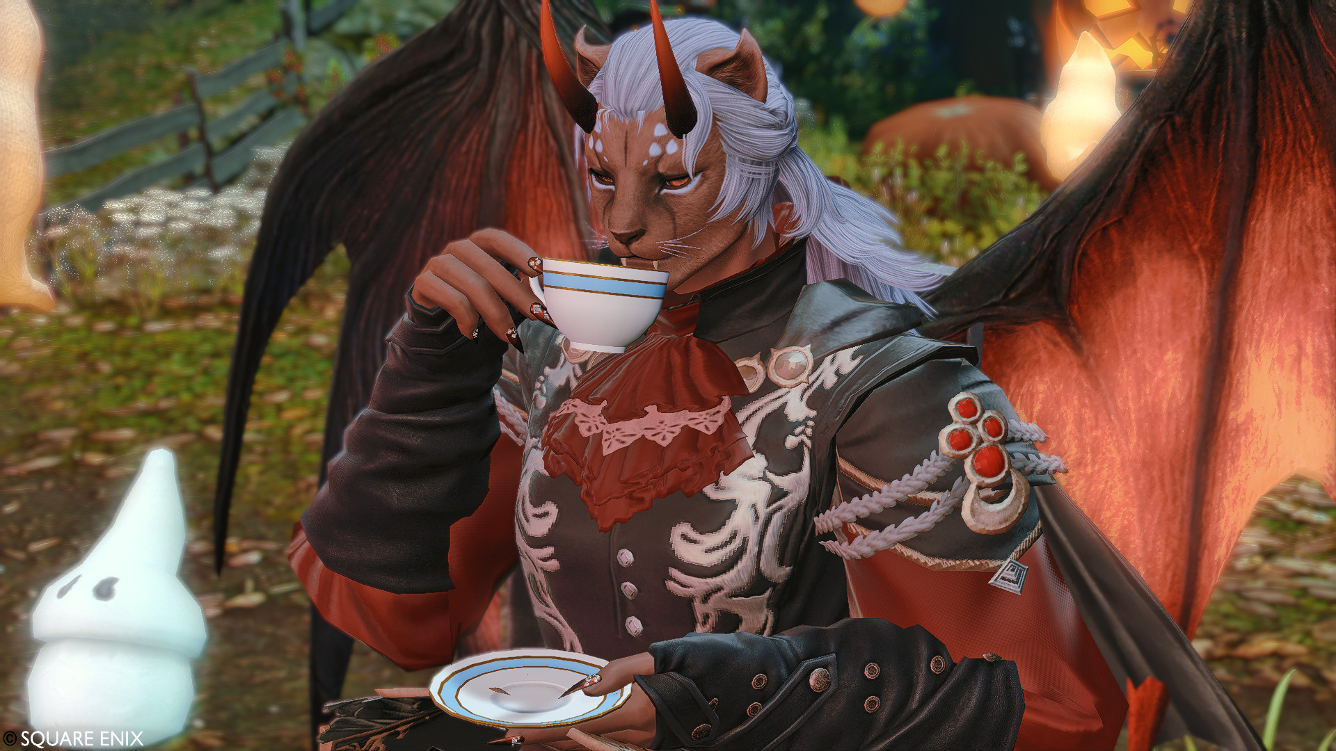 A screenshot from Final Fantasy XIV. A hrothgar dressed up like some sort of Demon Lord sips at their tea, looking at the camera.