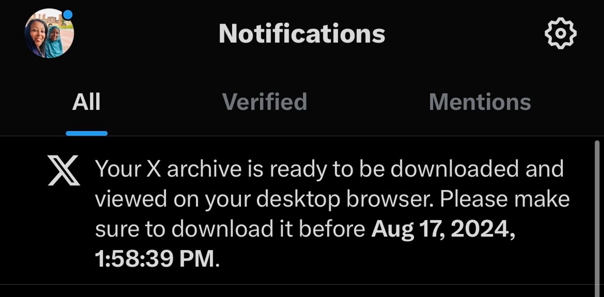 Image showing a notification from Twitter.  The image states that all material is ready to be downloaded from their archive. 

Downloaded as a zip file to my computer