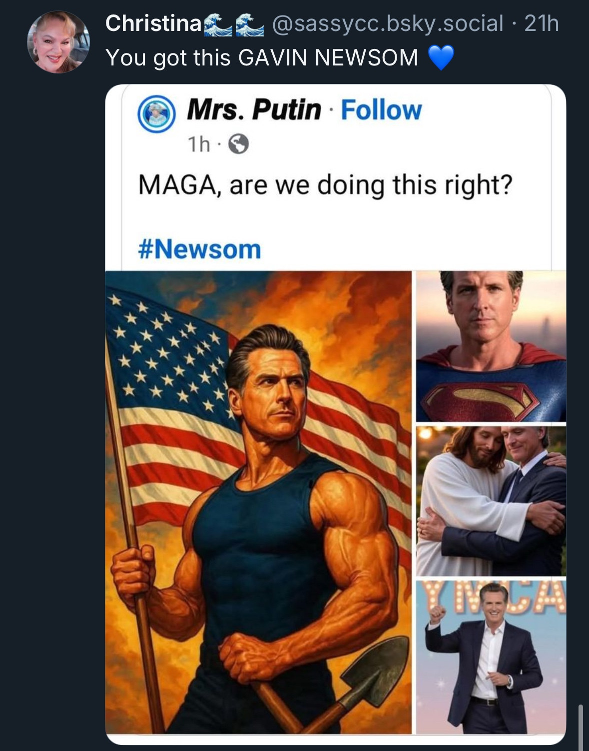 Screenshot of a bluesky account reposting a screenshot of a Facebook post from an “Mrs. Putin” that includes several AI generated images of Gavin Newsom. one AI image includes him appearing buff while wielding an american flag and a bent shovel. another AI image depicts him hugging White Jesus.  