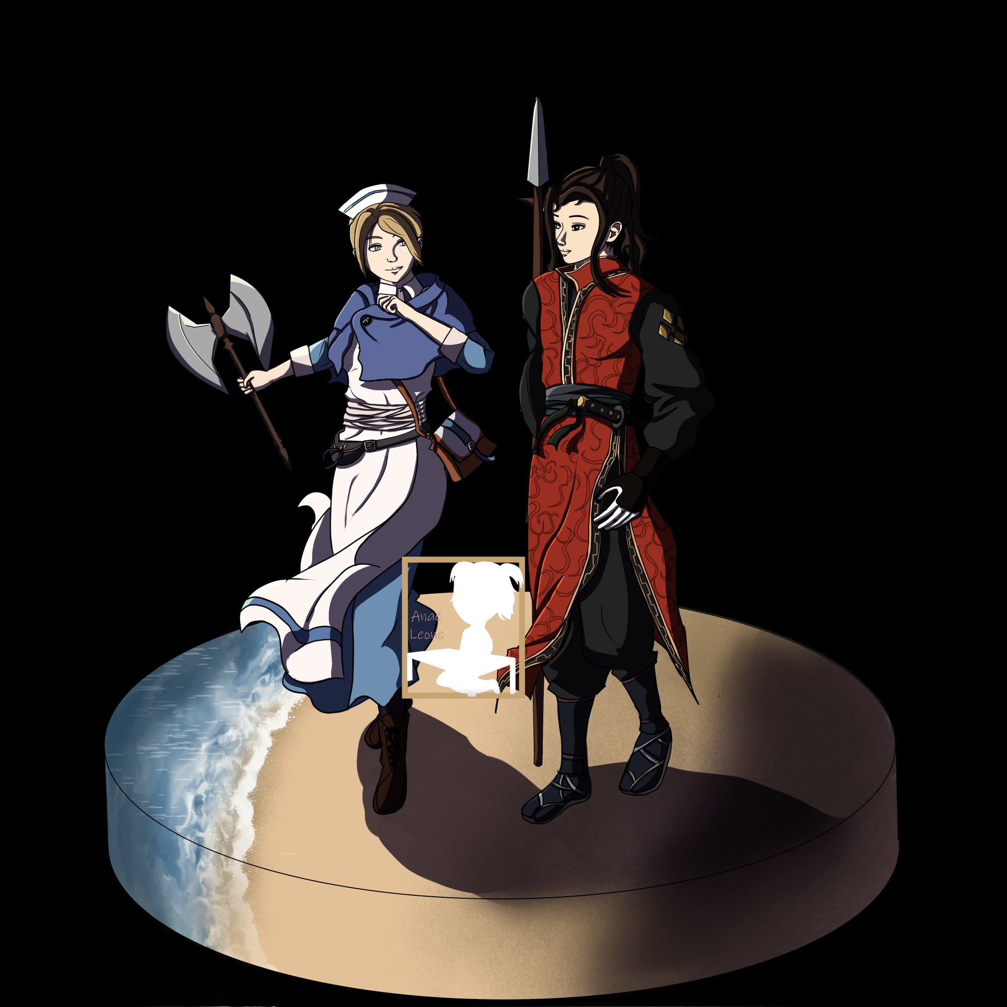 Castti Florenz & Hikari Ku from Octopath Traveler 2 walking on a snowglobe-like base representing a seashore and desert sand.