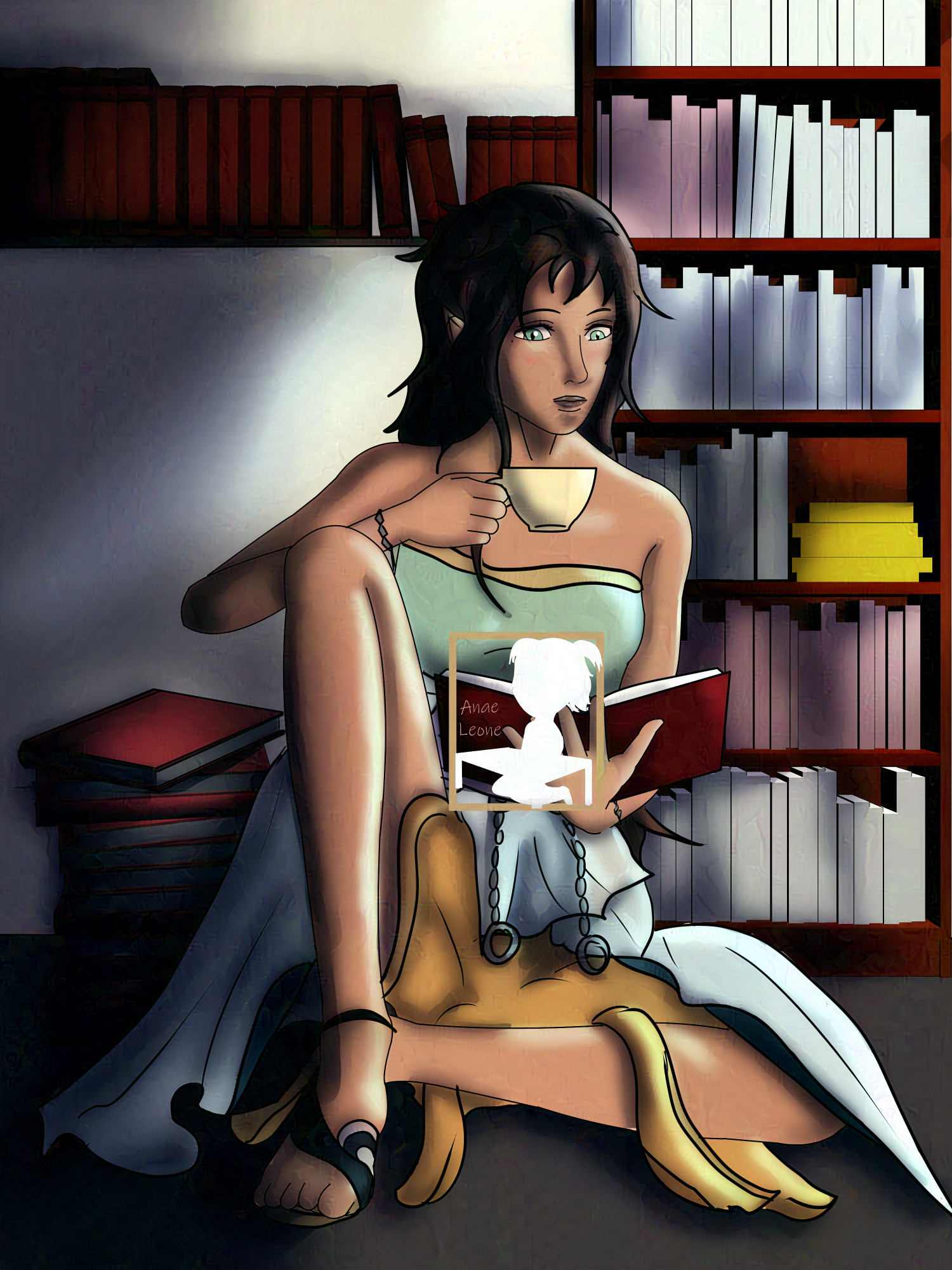 Woman with tanned skin and pointy ears reading books in what seems like a library. She wears sandals and a strange looking skirt and is holding a cup of tea.