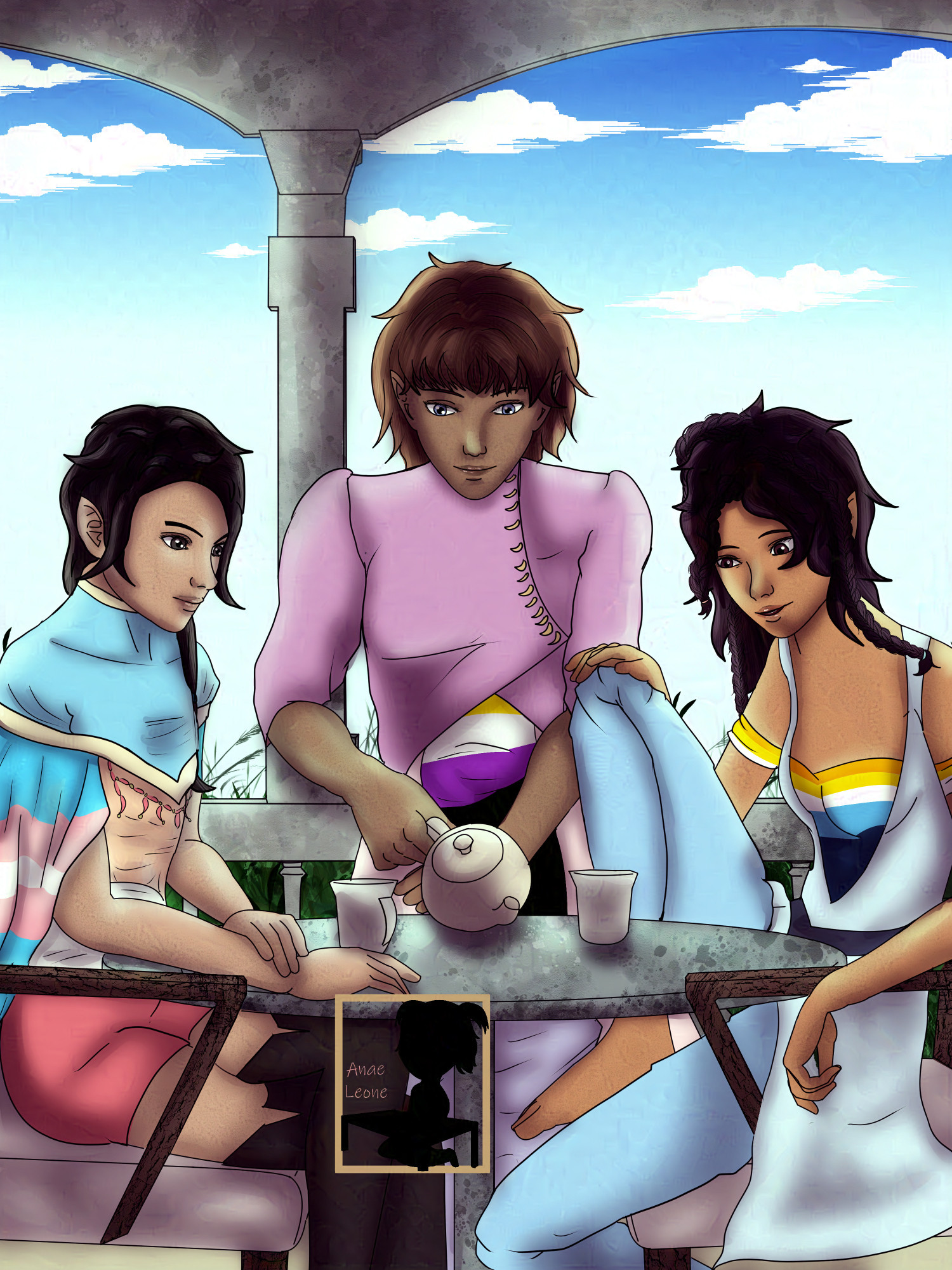 Three faes having some tea. On the left, a woman has a transgender flag as a cape, on the right, another woman has a top with the colors of the aroace flag. On the middle, the one serving tea has a nonbinary flag on their stomach.