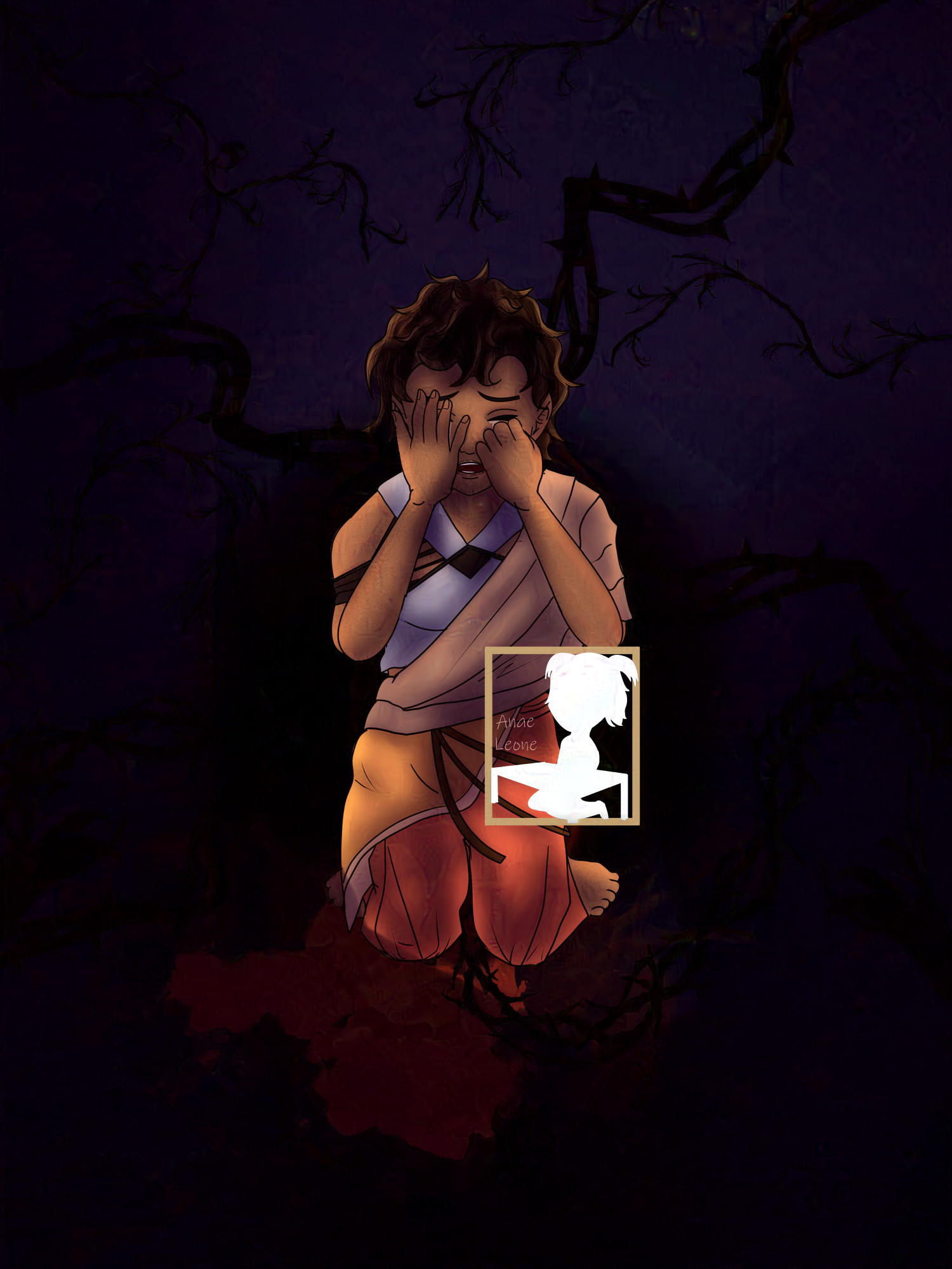 A young child with pointy ears and colorful clothes kneeling and crying in a dark place.