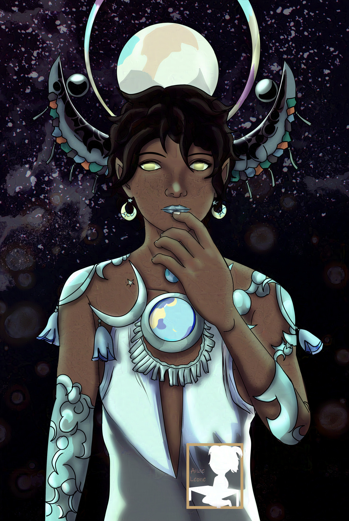 A young black man with his back turned to a dark starry sky, facing the viewer. He wears Selene's Hades II outfit, though we only see him from top to the hips. It's a light blue dress with many decorations in light blue tones, all with a moon motif. He also has moon earrings, blue lipsticks, gold pupil-less eyes and wears head decorations representing the moon behind his head.