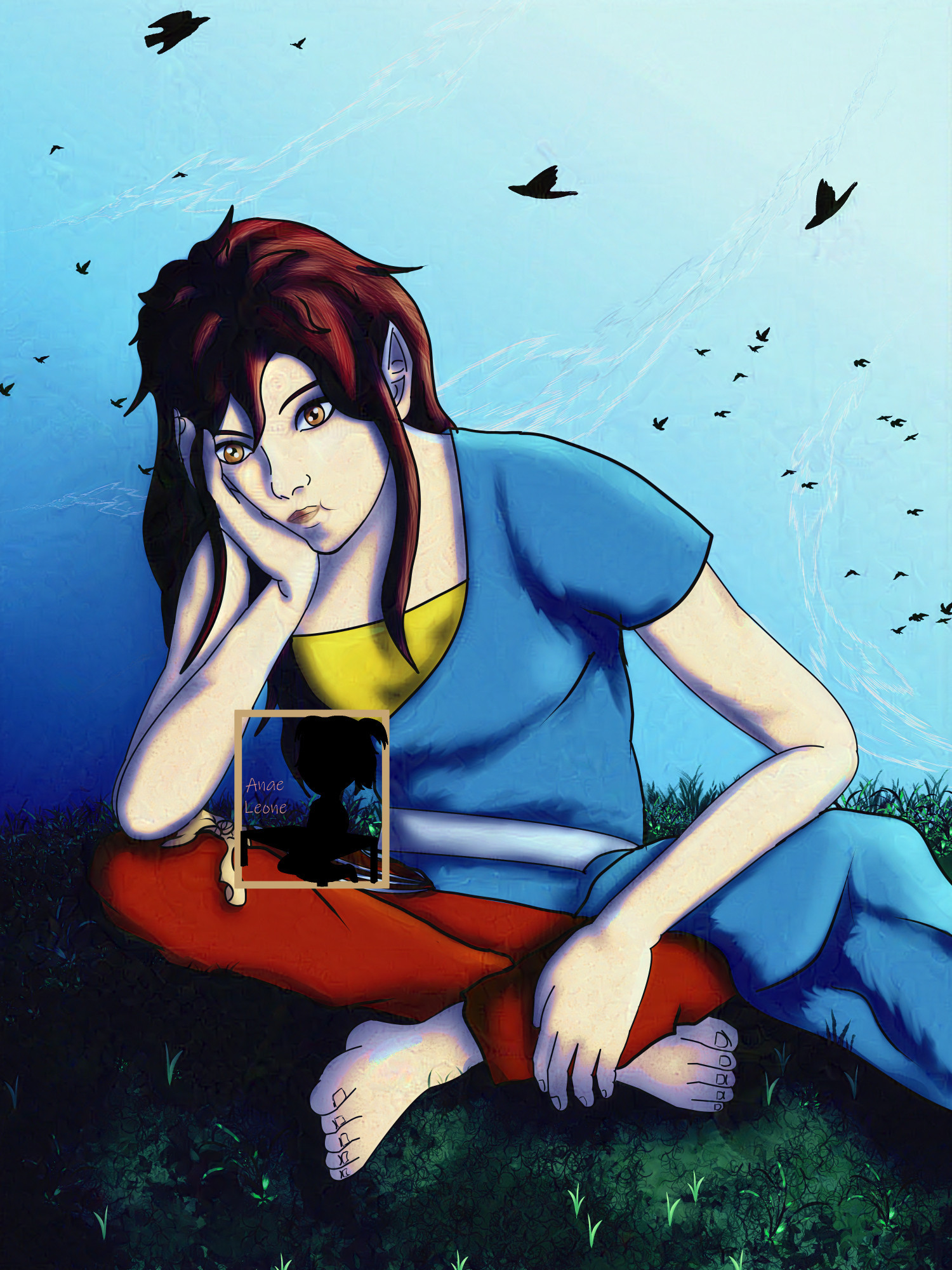 Fae or elf with pale skin sitting on grass, pouting. He has long chesnut hair and orange eyes, wears an asymetrical blue tunic, red trousers and a yellow shirt and is barefoot. It's the day and a lot of birds are flying in the sky.