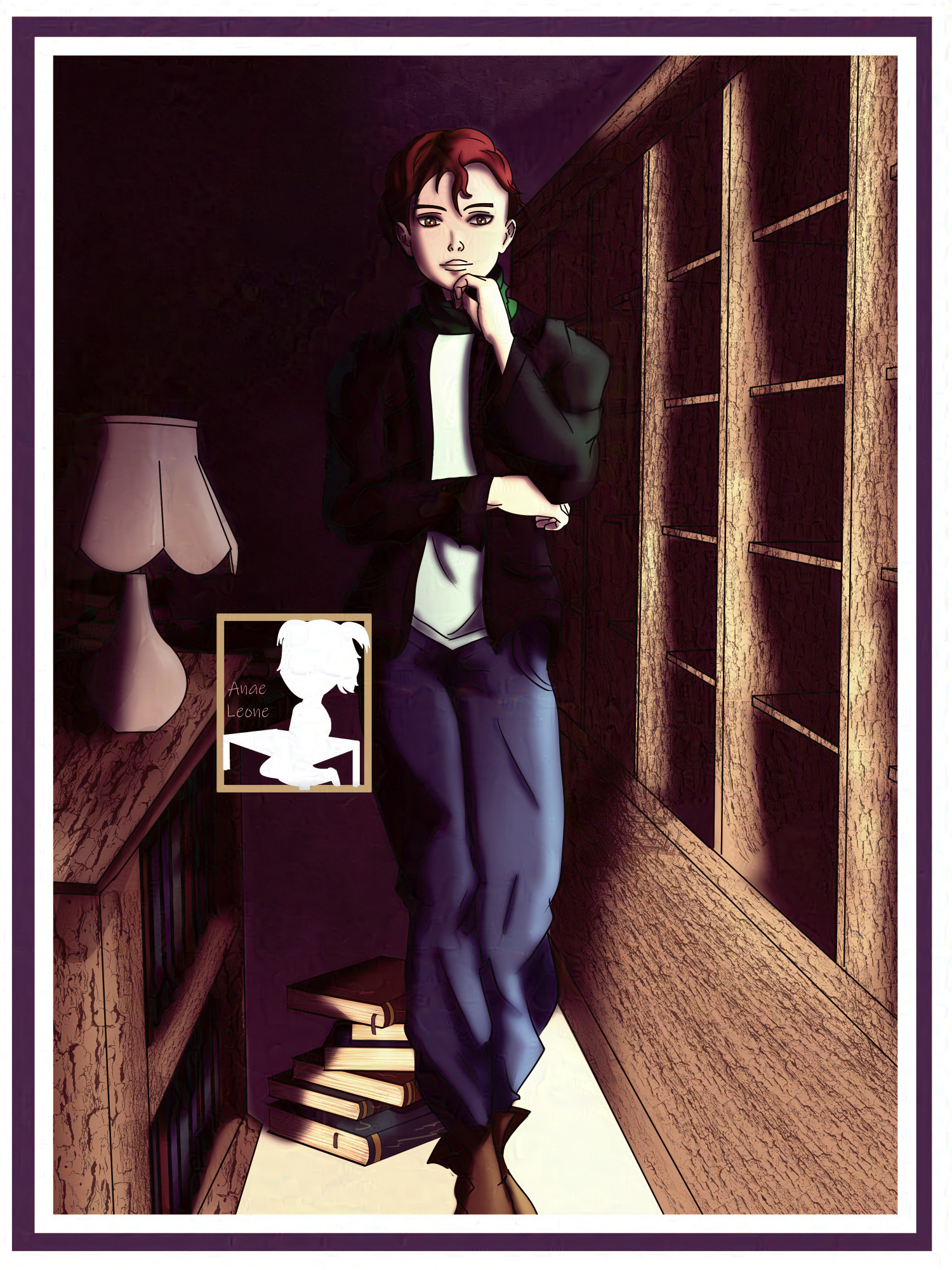 A young man in a shadowy room. He has red hair and pale hair and looks a bit mischievous. He's next to a bookcase and a lamp, while some books are stacked on the ground.