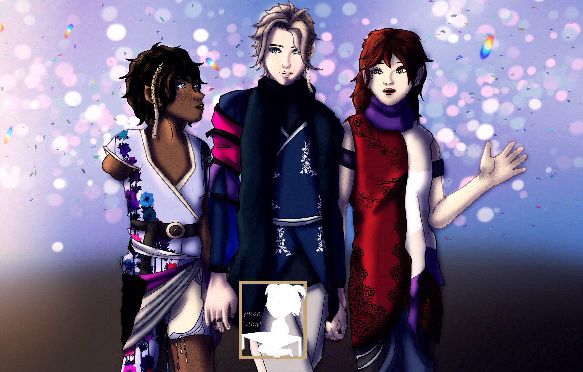 Three fae boys holding hands and walking. One has a demisexual flag tied around his waist, the next one has a bisexual flag around his arm, and the last one a greysexual flag as a scarf.