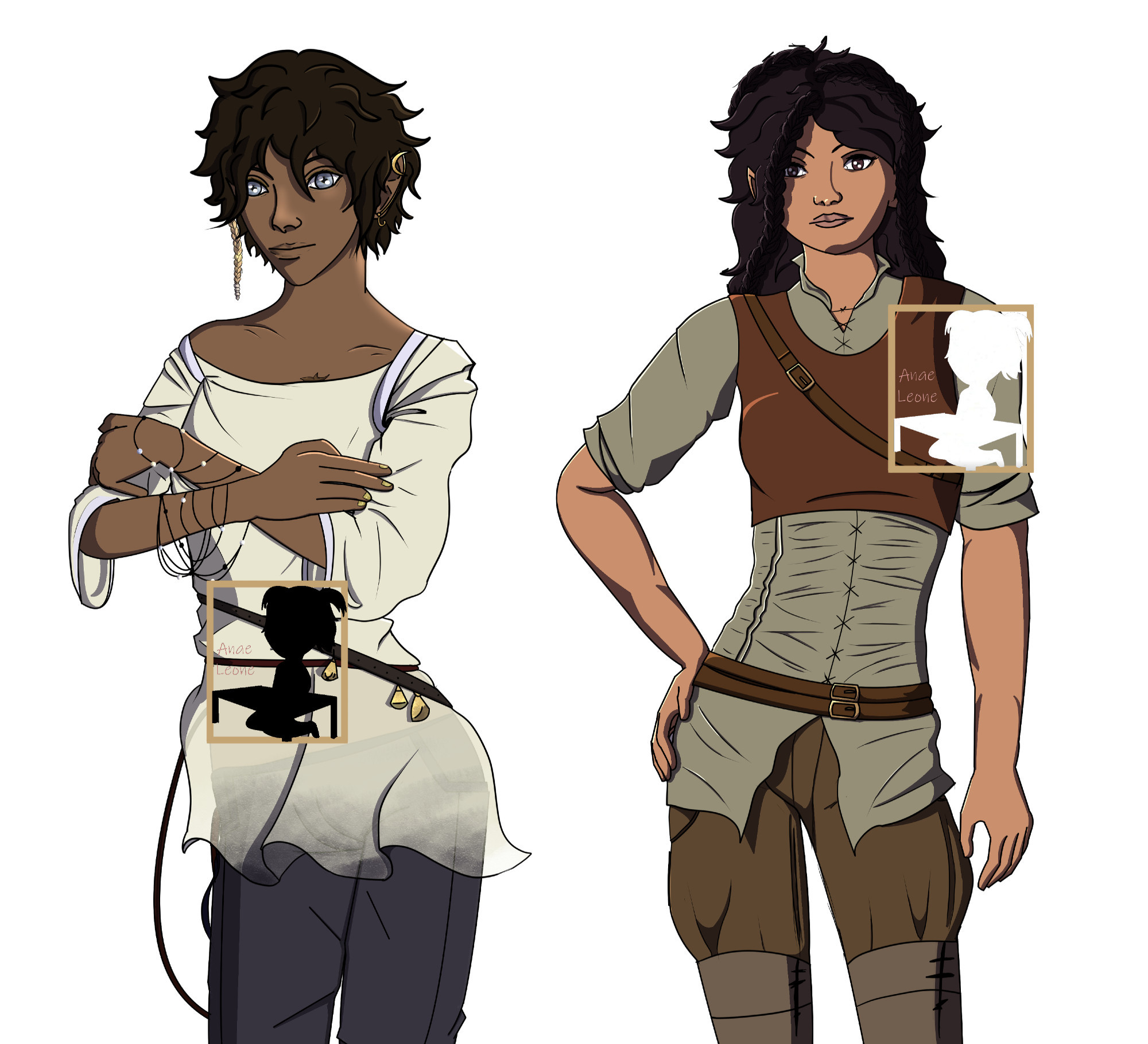 Two faes, an androgynous young man with black skin, blue eyes and curly dark hair wearing an elegant, flowy white top and dark blue trousers. At his side, a woman fae, not as elegant, wearing faded clothes and leather, she looks more down to earth. She has brown skin and braided dark auburn hair.