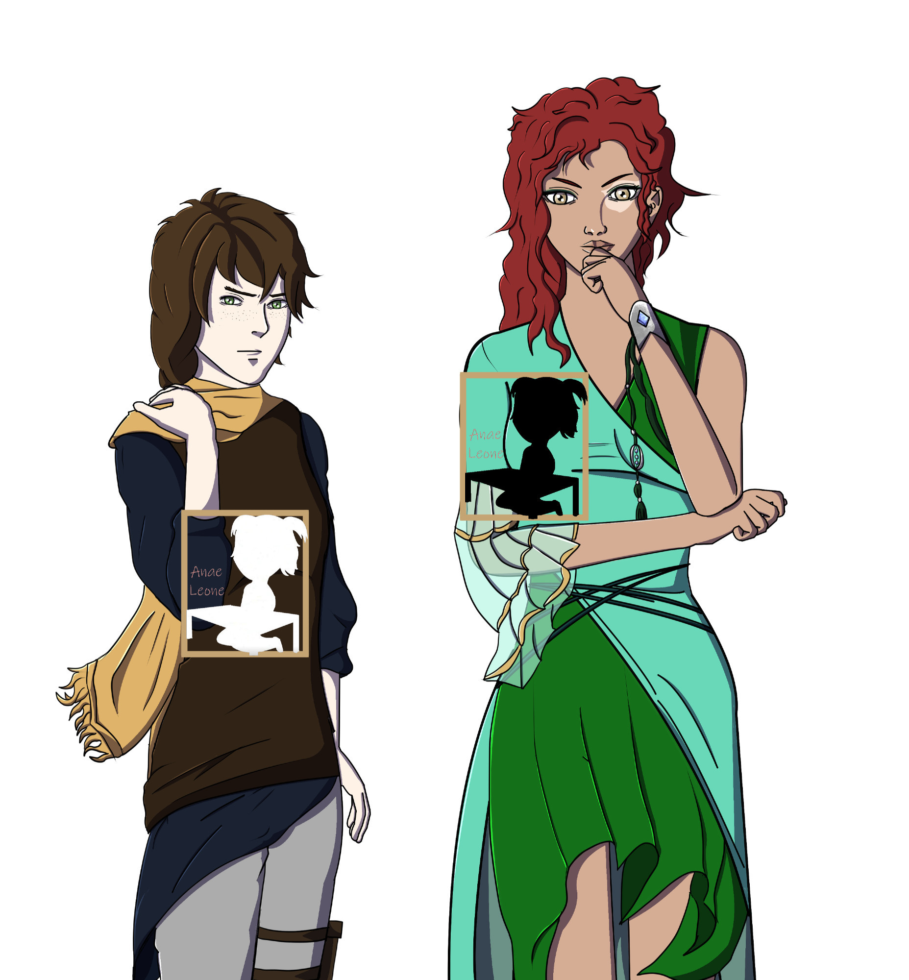 Two characters, a pale small young man with long brown hair wearing dull tones, and a tall woman with tan skin, long curly red hair and bright green elegant clothes.