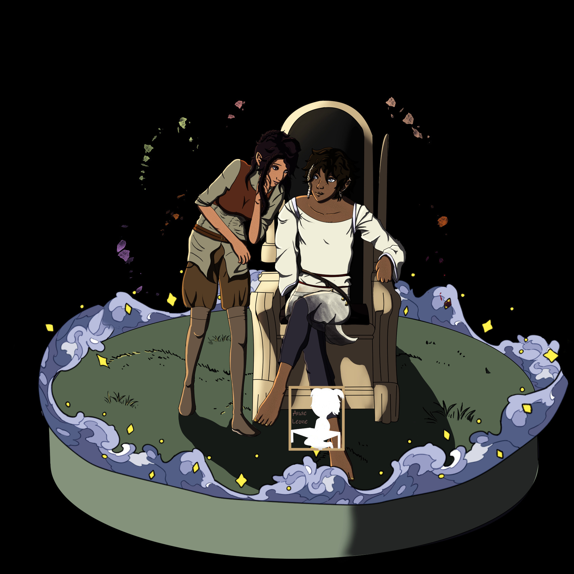 On the left, a fae woman with dark skin and dark braids is bending towards the other character with a mischievous look, as if she were about to tell a secret. She wears practical greens and browns. On the right, sitting on a pale throne, a black skinned fae is listening to her with an interested smile. His right arm is missing, but the wound is hidden by his elegant long-sleeved cream top. He wears gold nail polish on both his hand and his toenails.