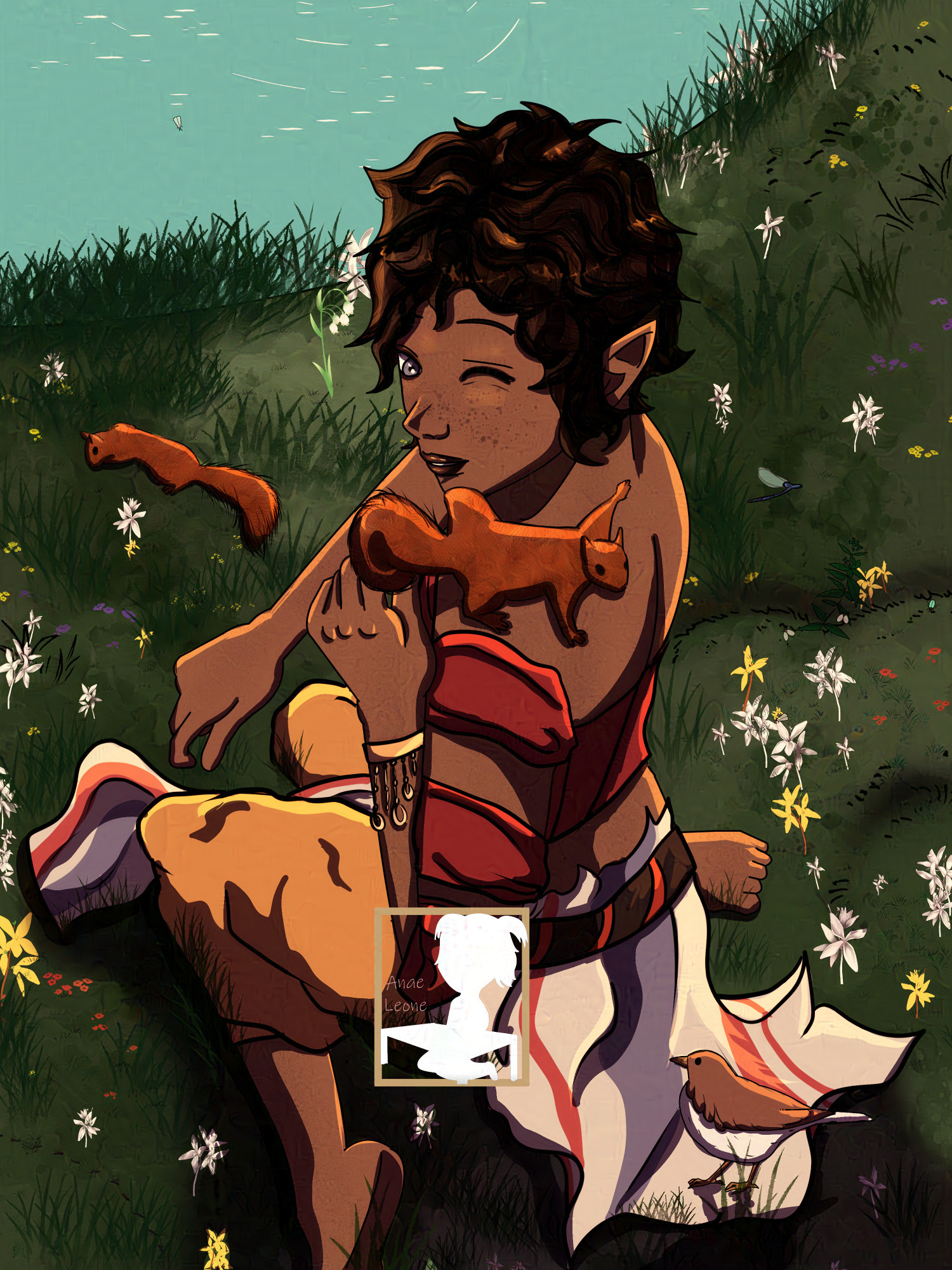 A young elf or fae with dark skin and dark curly hair, smiling happily as a squirrel gets on his shoulder. He wears colourful clothing and is sitting on a grass field with yellow and white flower, near a pond.