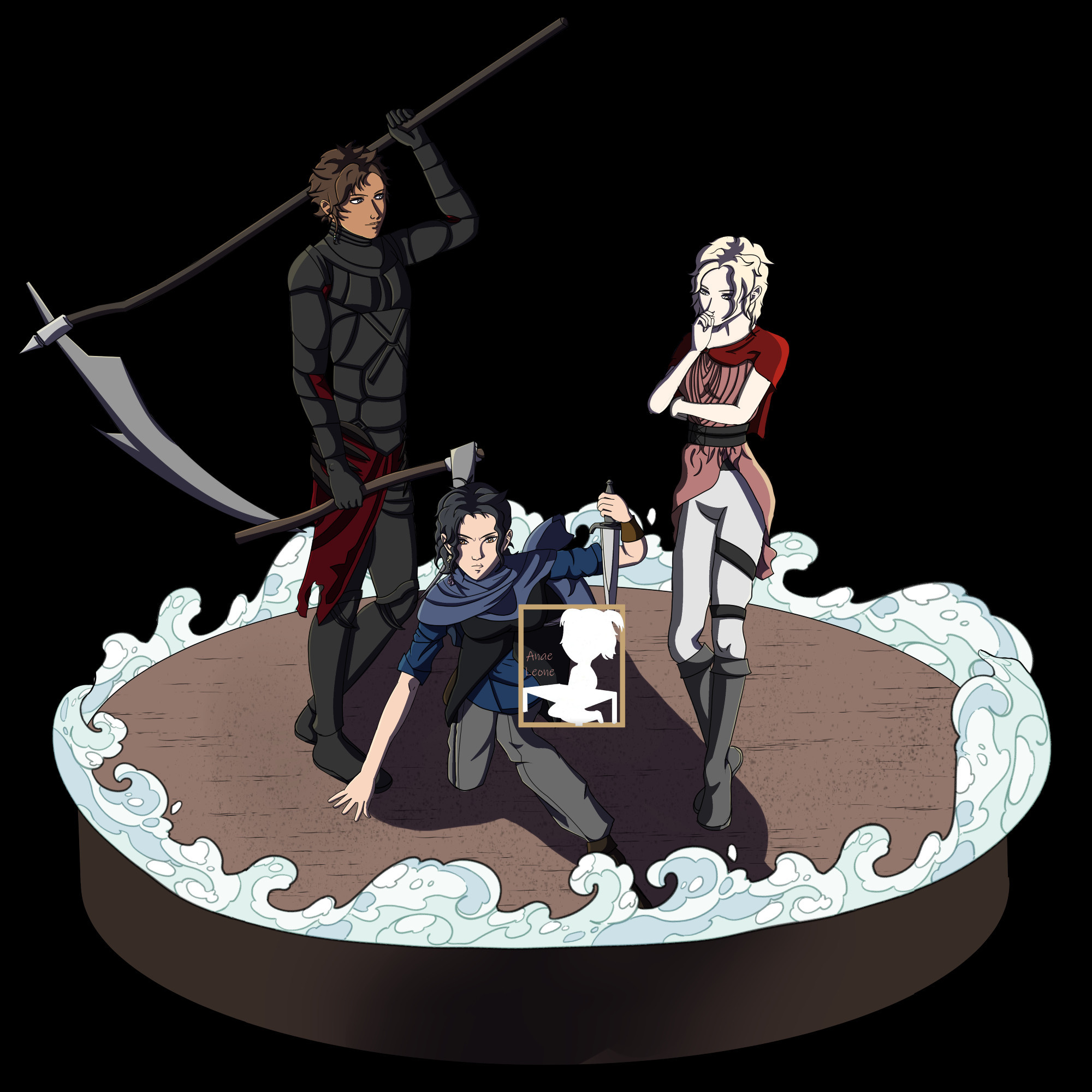 On a snowglobe-like base, three characters stand. A young man with tan skin and brown hair wearing a black armor and holding two scythes of different sizes. A pale, blonde woman dressed in red and white looking pensive. A rose-skinned woman with black haired in a ponytail dressed in black and blue crouching and jumping, armed with a knife.