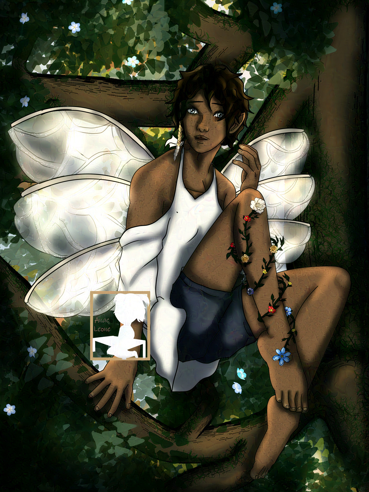 A young male fairy with white wings, black curly hair and dark skin, he's dressed in white and dark blue large clothes, there's a flower garland swirling around one of his legs, he looks slightly surprised and it slightly curled up, flying in front of a tree with a bit of sunlight coming through the leaves.