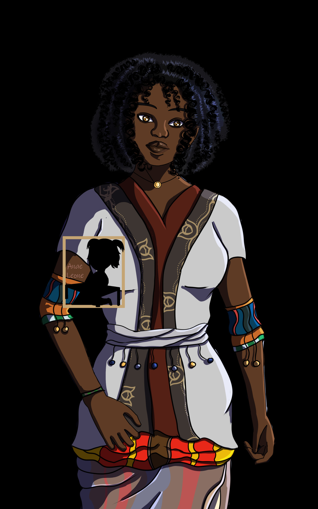 A black lady with thick curly black hair wearing an ornate white top with black lapels decorated with gold over a dark red shirt. She also wears colorful fabric bracelets and a skirt just as colorful as well as a gold necklace.