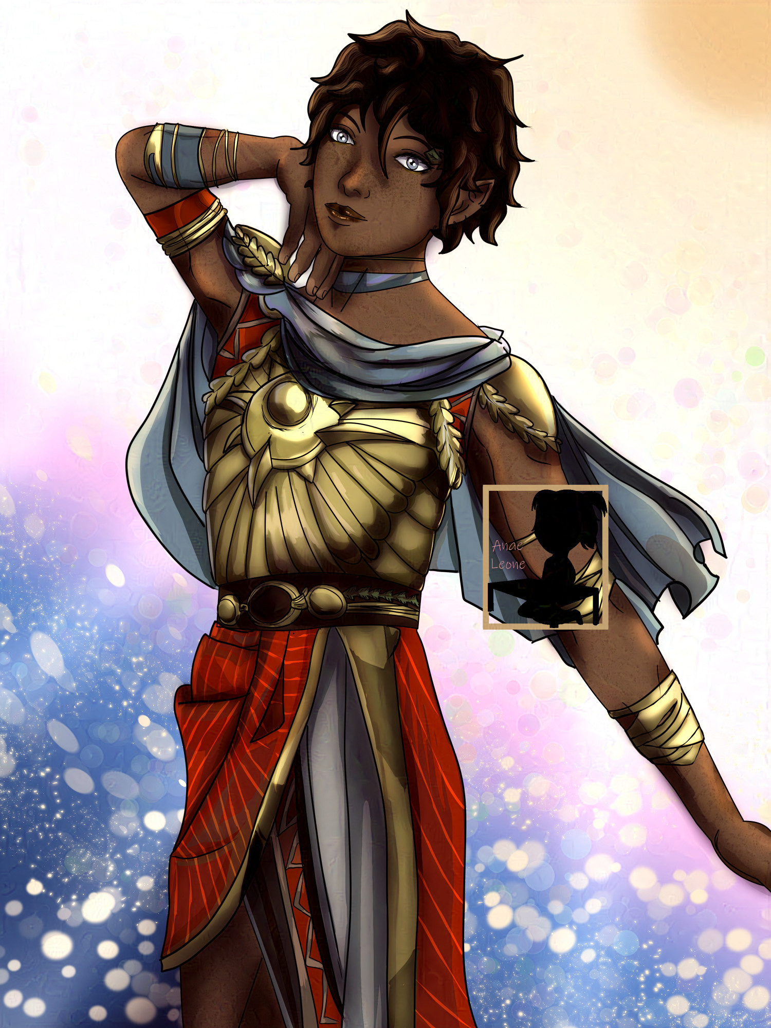 A young black man wearing Apollo's outfit from Hades II. It is made of a golden plastron, a light blue cape and a red wrap skirt. Gold shoulder pads and bracelets too.