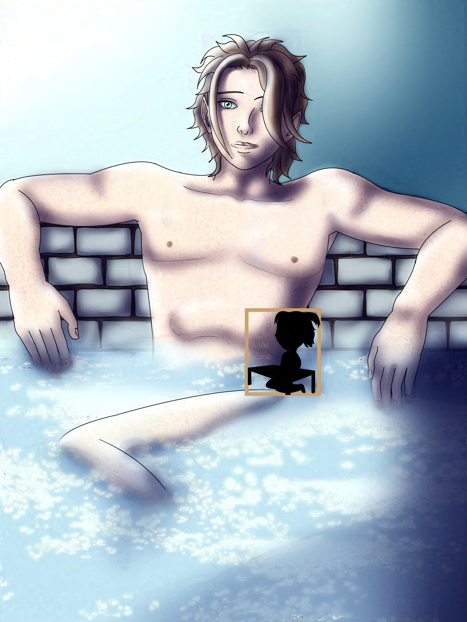 A blonde fae man taking a bath.