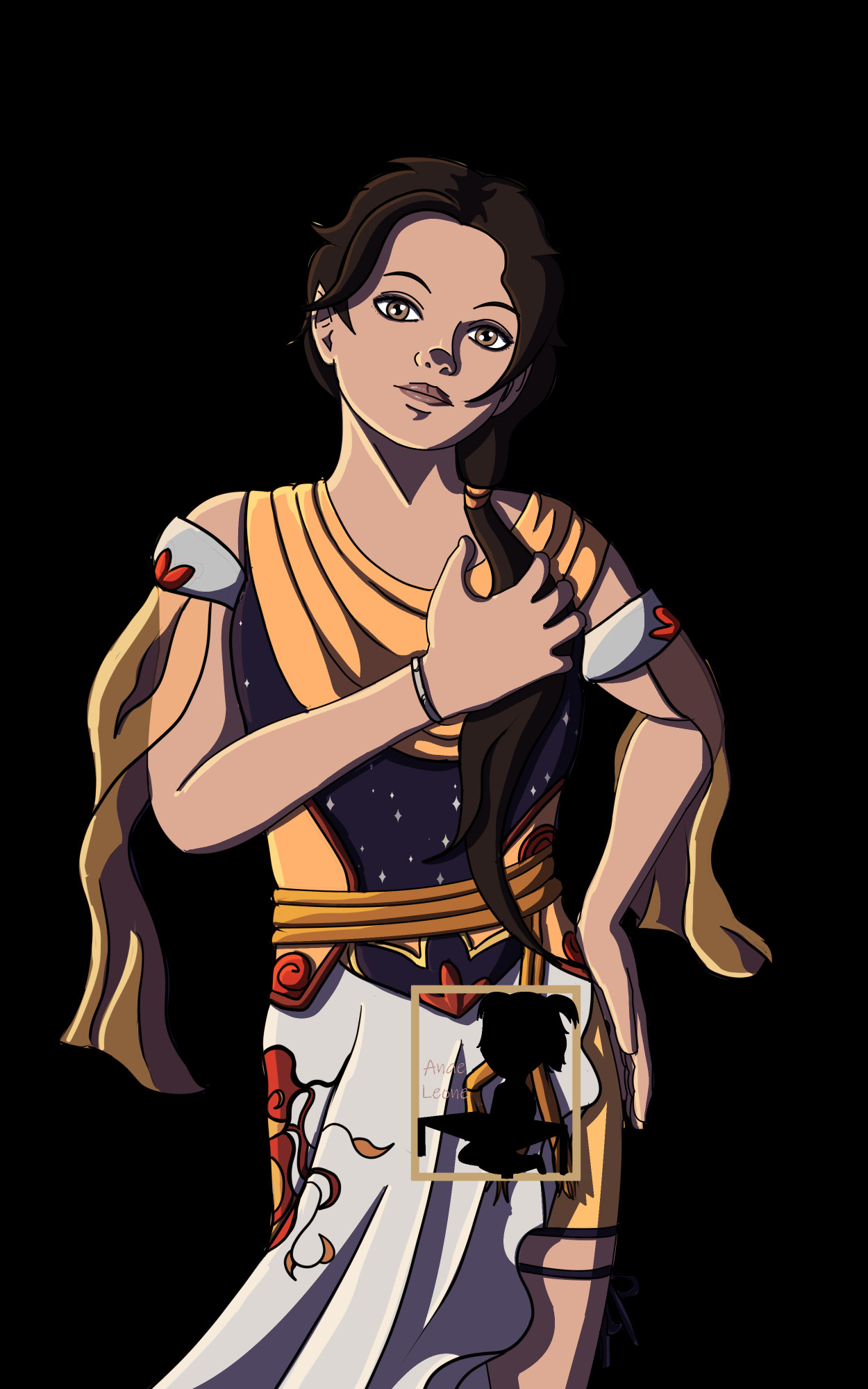 A tan skinned lady with pointy ears, brown eyes and long dark hair as well as a sassy pose. She wears an elaborate outfit with translucid fabrics hanging from the shoulders, an orange and purple top with little stars, and a grey asymetrical skit with an elegant red and black motif.