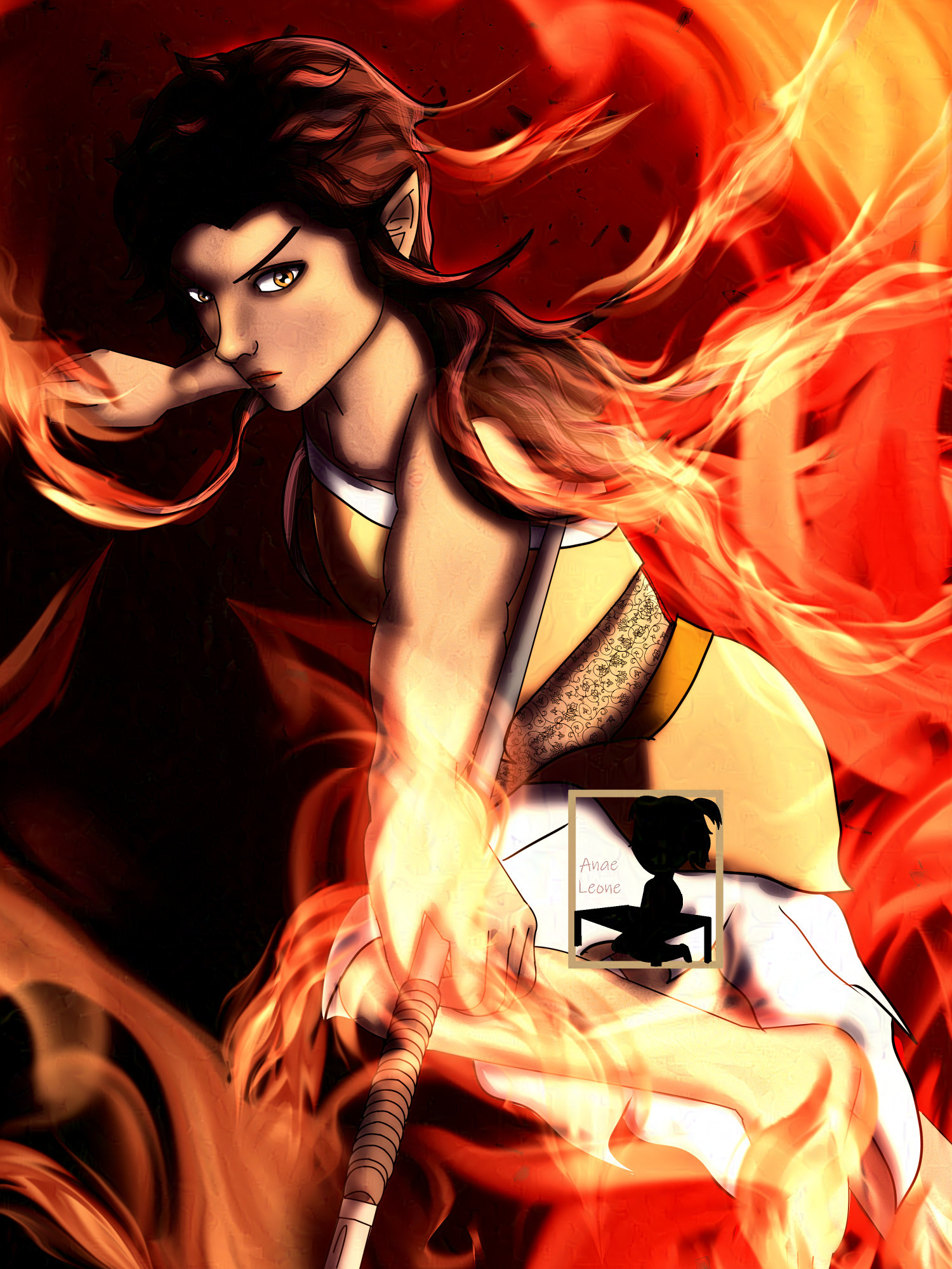 A threatening elf or fae lady in action. She has tan skin and long black hair and wears orange and a white asymetrical skirt. She's holding a lance and jumping. The background is made of flames. At some parts, like her hair and legs, she seems to be made of flames too, as if she was taking form from the fire.