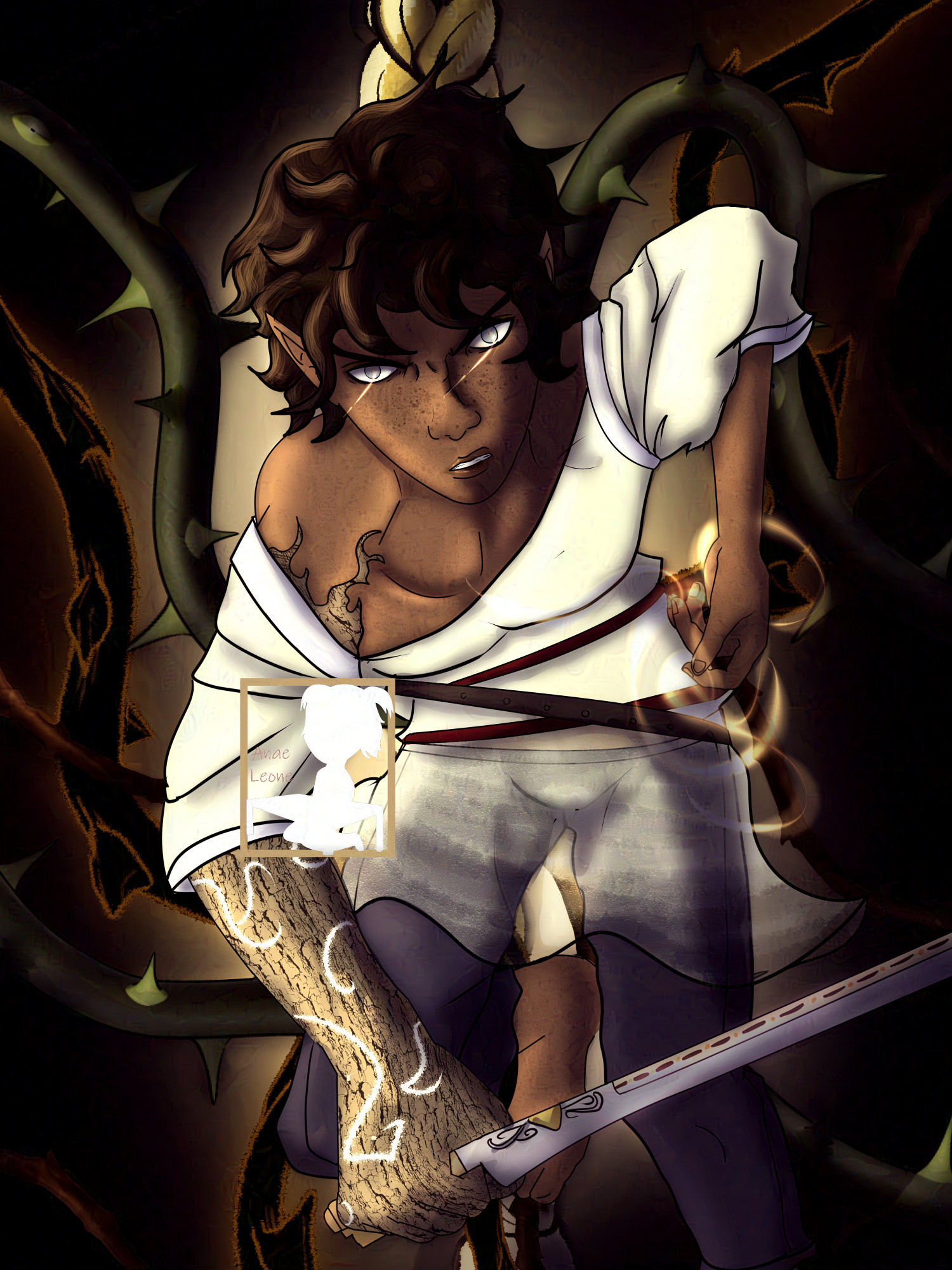 A furious looking elf or fae with dark skin and curly brown hair, he's lunging forward, holding a flissa with a hand made of wood while his other hand is conjuring magic. There are thorns surging behind him.