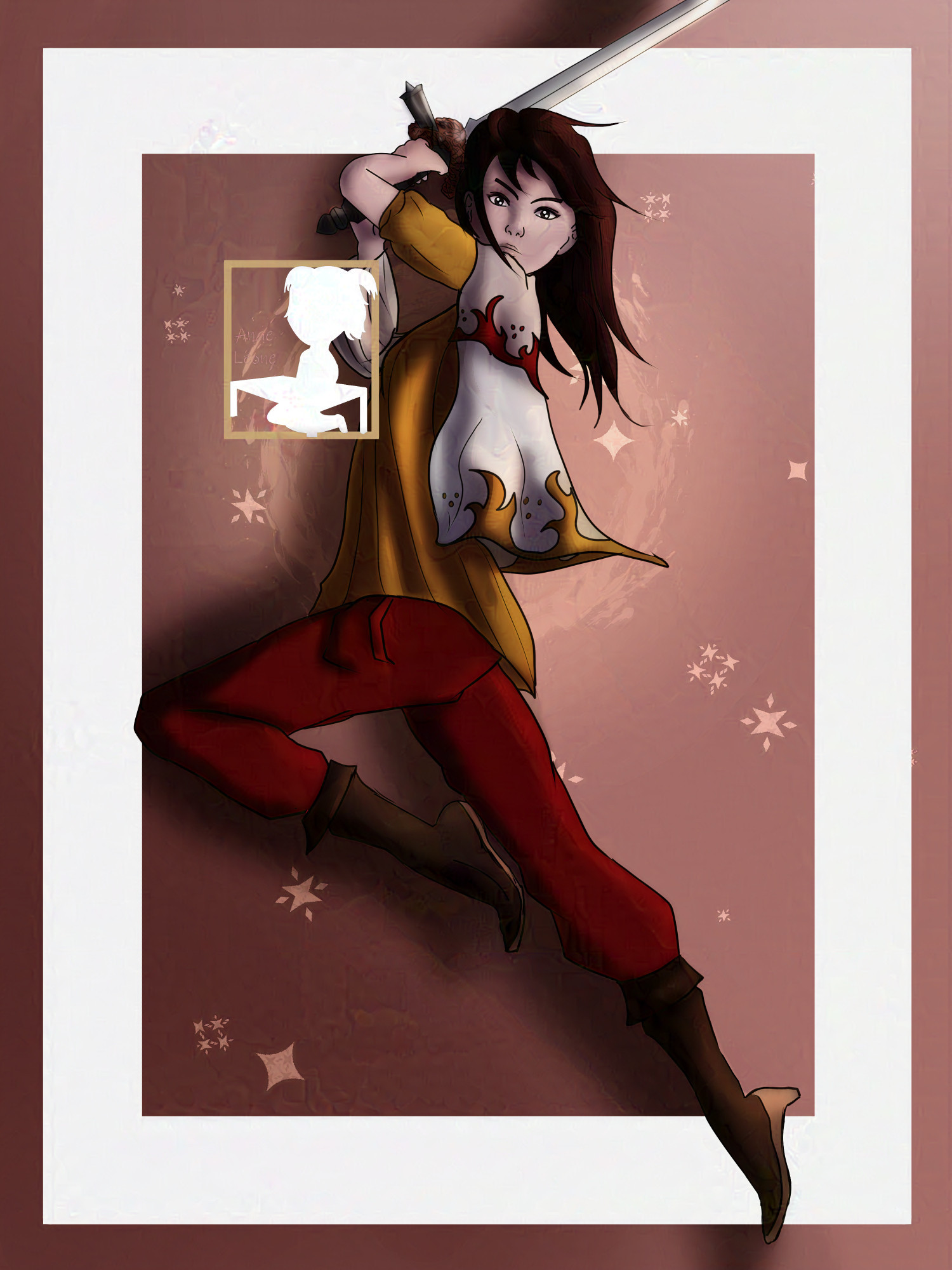 A girl with long dark hair, brandishing a sword. She wears warm clothes with a fire pattern.