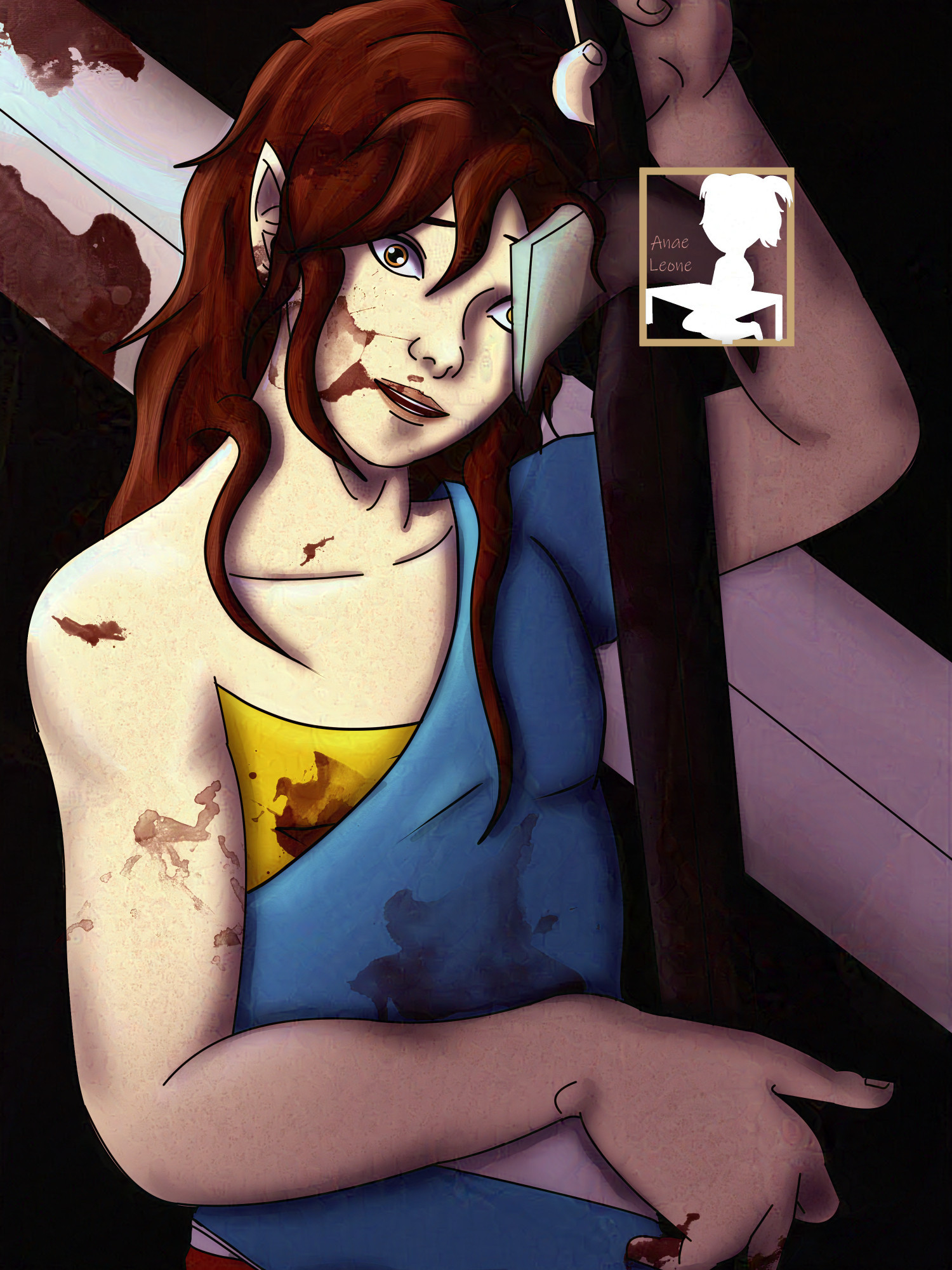 A pale skinned fairy with long reddish hair and wide, unhined eyes, looking slightly insane and covered in blood. He's holding a sword and wearing large blue and yellow clothes, the back ground is a close up of a bloodied sword.