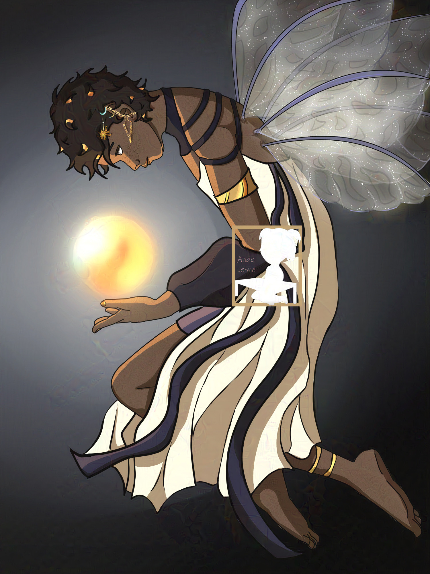 A young elf or fae with dark skin and dark curly hair, wearing gold jewels and dressed in pale clothes with dark blue ribbons. He has sparkly wings and is floating, slightly bent over, looking at a luminous orb in his hand that could be a sun or the moon.