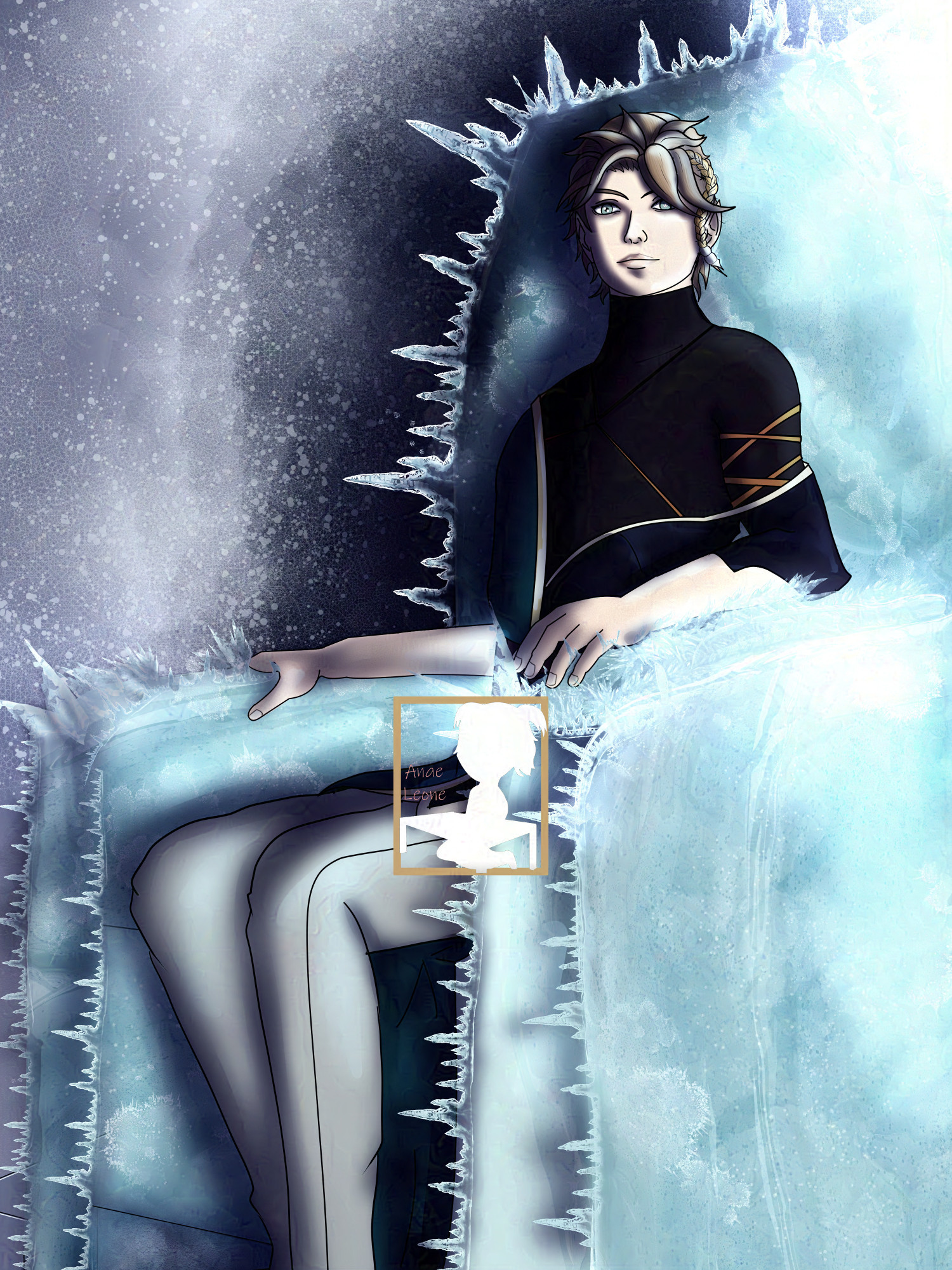 A male fae with pale skin and blonde hair, wearing a black top and grey pants. He's sitting on a throne made of ice, and the background is mostly snow.