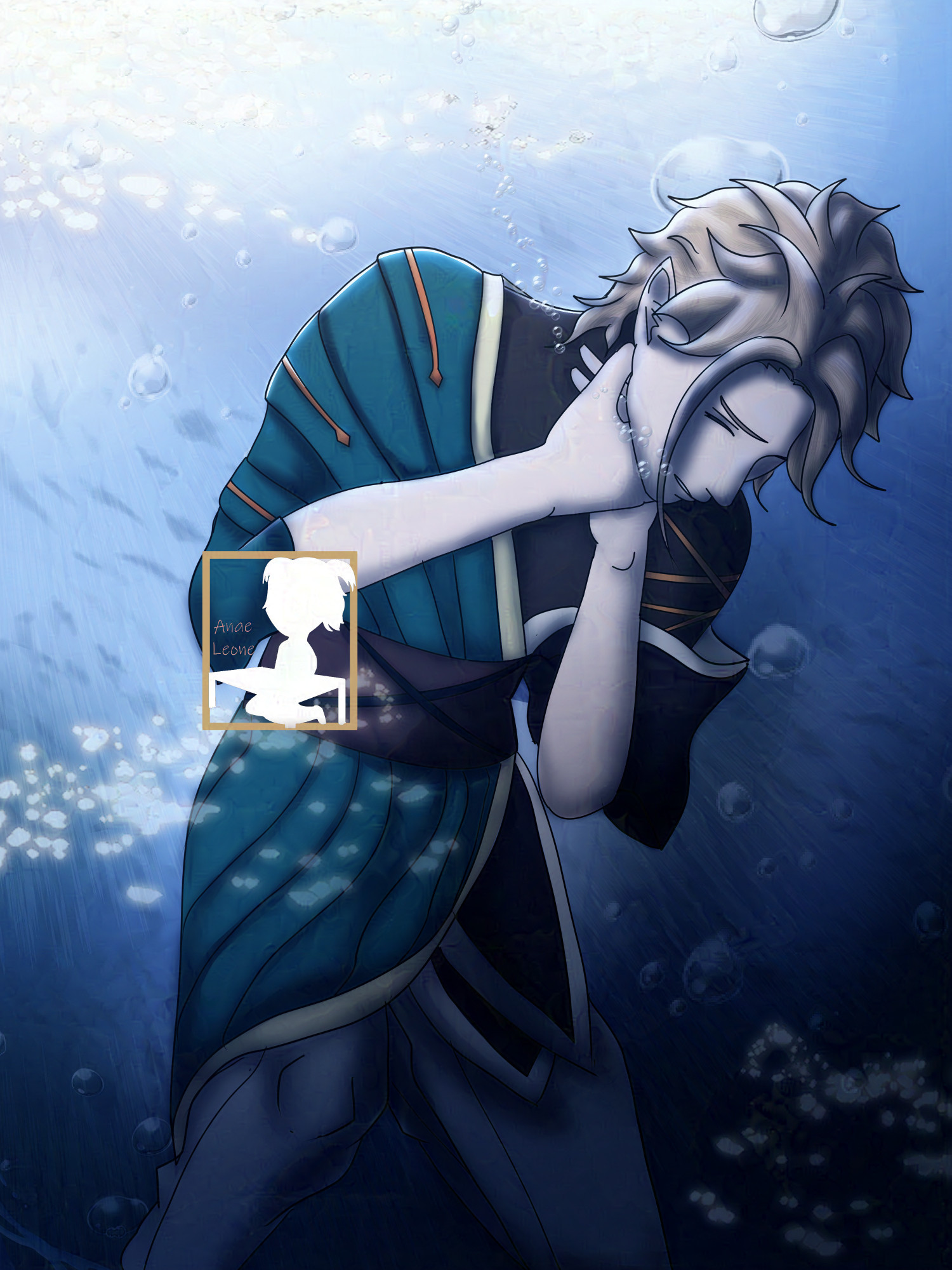 A blonde elf boy standing underwater, clearly in pain as he's drowning