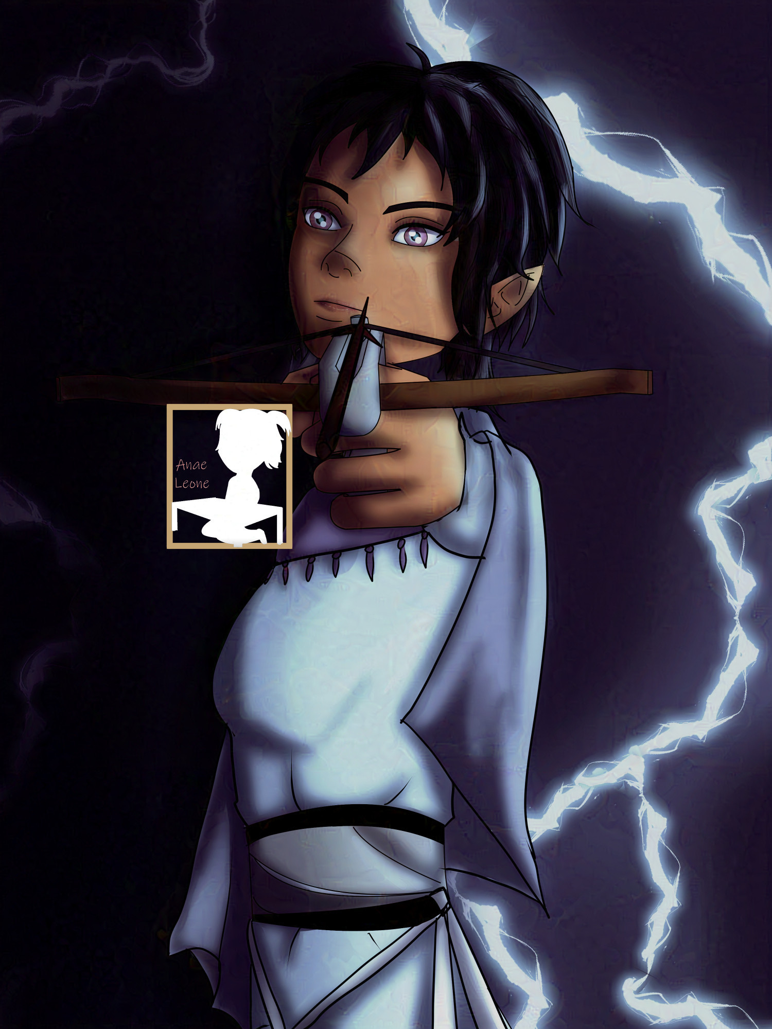 A threatening elf or fae lady with tan skin and tied black hair, dressed in white. She's glaring at the screen and pointing an armed crossbow that way. The background is a black night sky with a few lightings.