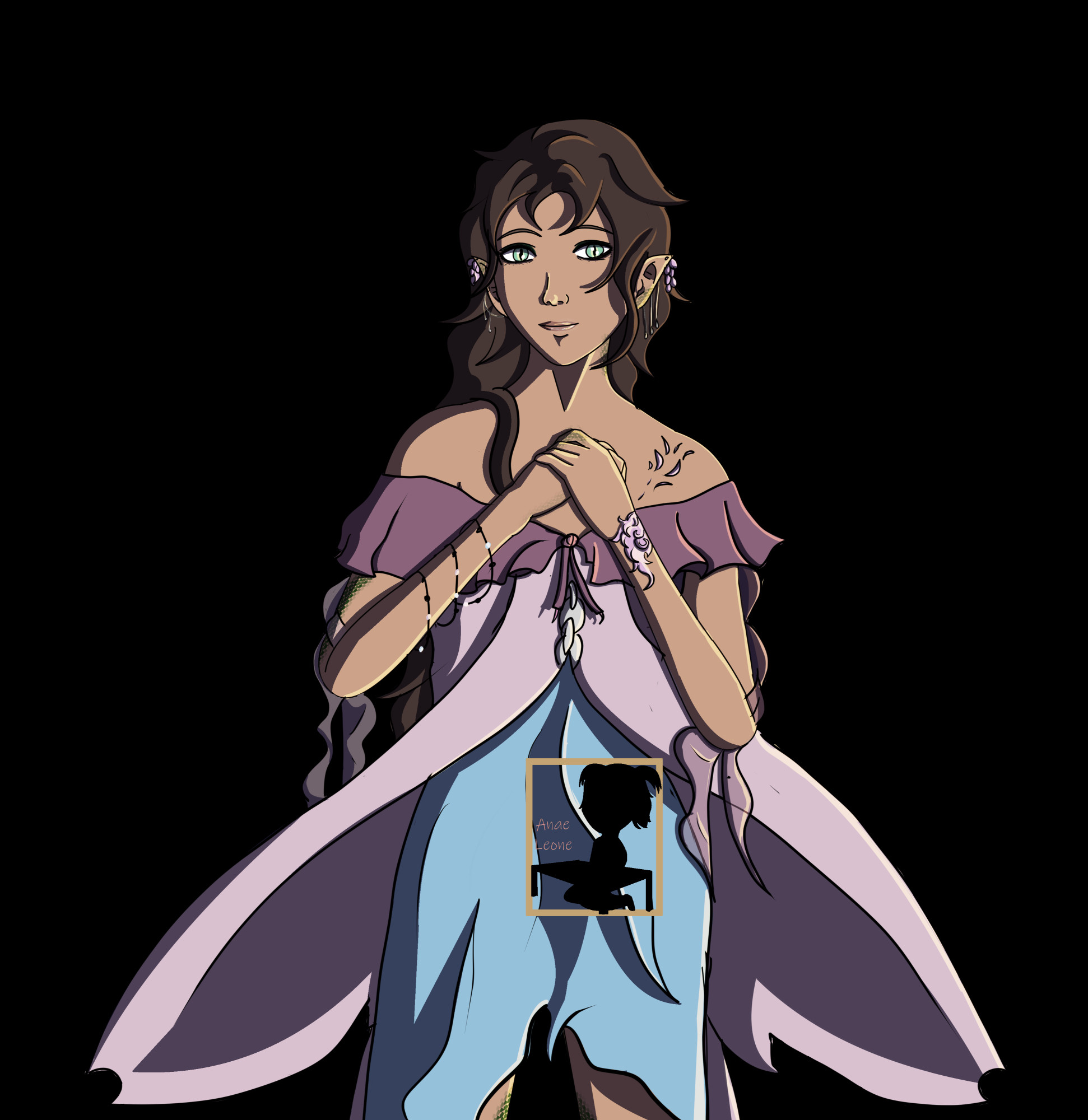 A tan skinned lady with pointy ears decorated with earrings, she has green eyes and long brown hair. She wears a pink and blue dress that looks like a flower pointing at the ground.