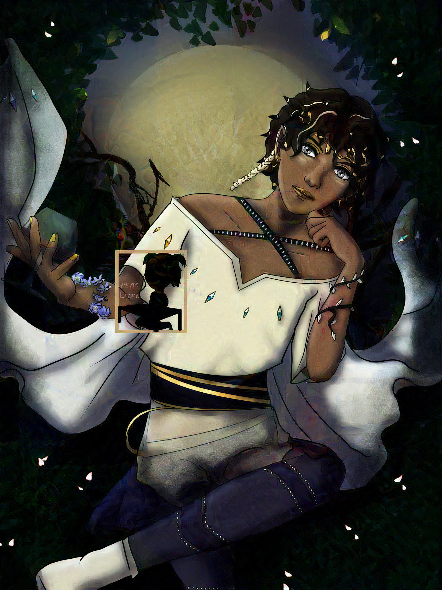 Elf or fae with dark skin dressed in a cream tunic and dark blue pants, with a white cape that seems to be floating. He wears a lot of gold jewels as well as gold make up and nail polish, is seating on what seems to be leaves and holds a glass of wine. Behind the leaves, you can see the moon.