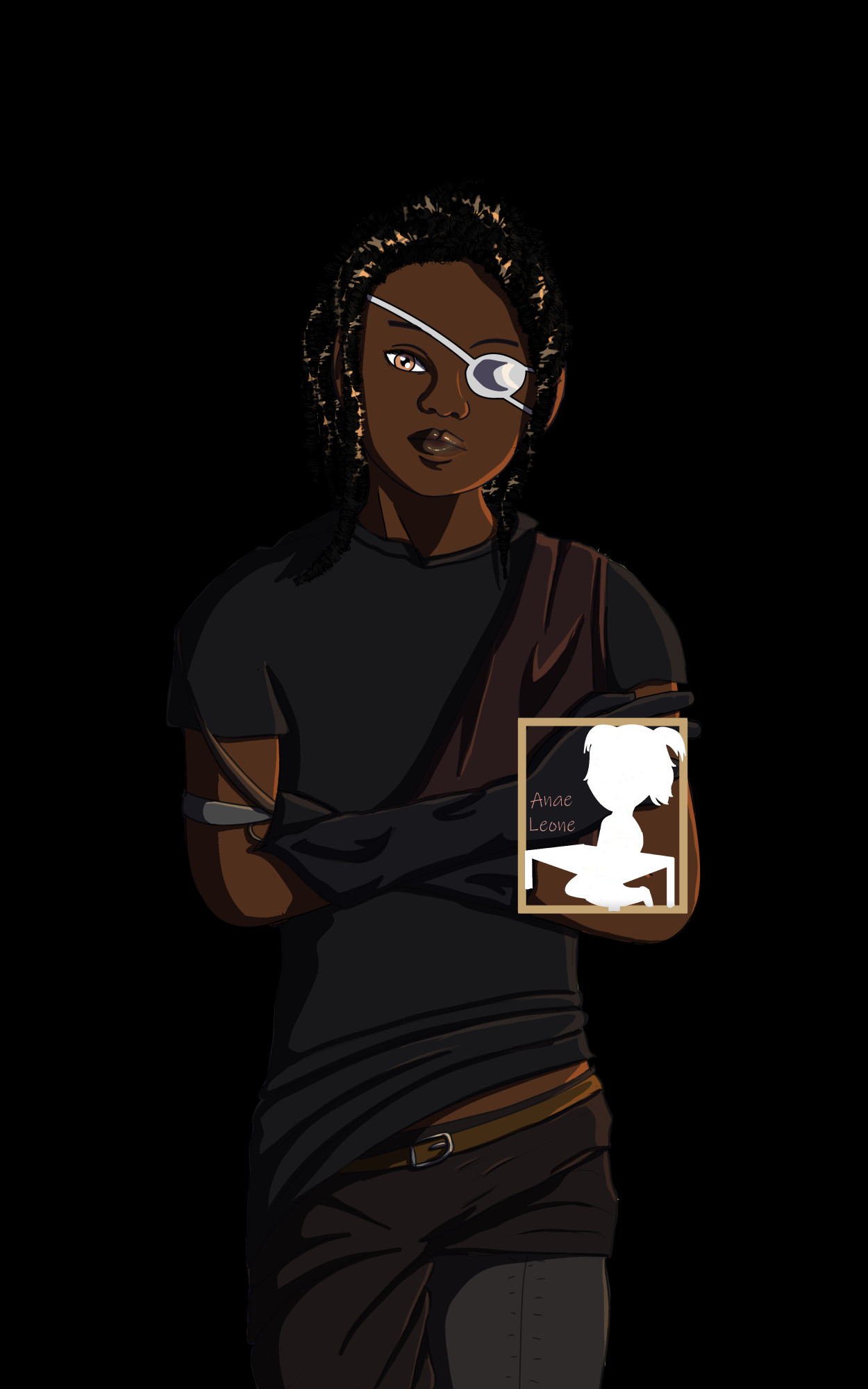 A young elf or fae with dark skin and dreadlocks. He wears black clothes and a white eyepatch over his left eye. He stares at the viewer, crossing his arms.