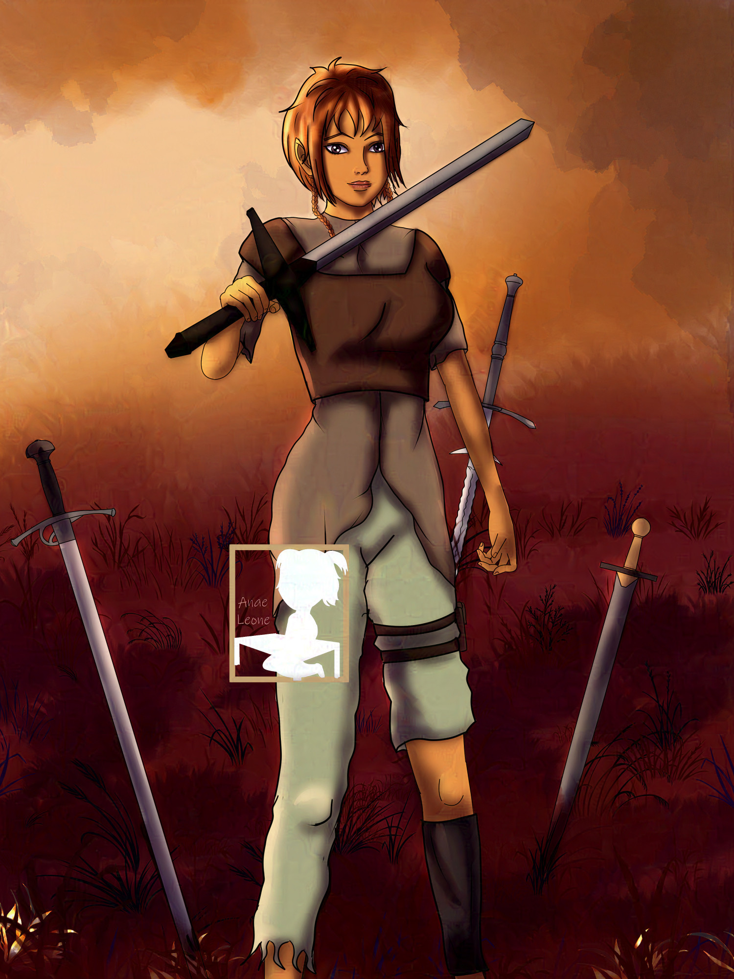 A woman with pointed ears holding a sword with a slight, calm smile. She has tan skin and orange braided hair and is wearing old clothes with dim colors. She's on what looks to be a field colored red by the sunlight, some swords are planted on the ground.