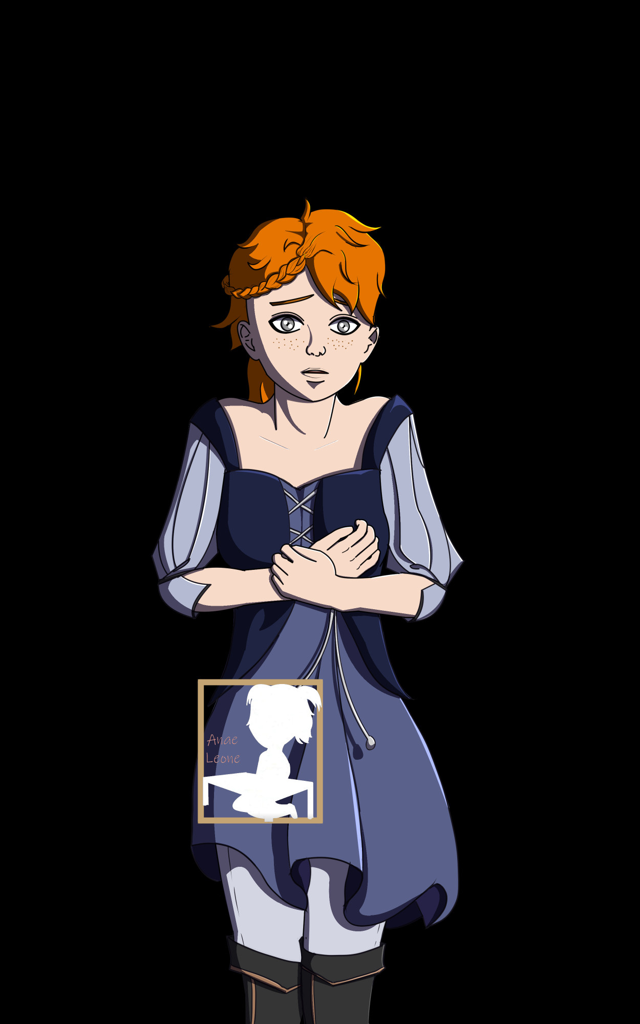 A red haired girl looking nervous, wearing a blue dress.