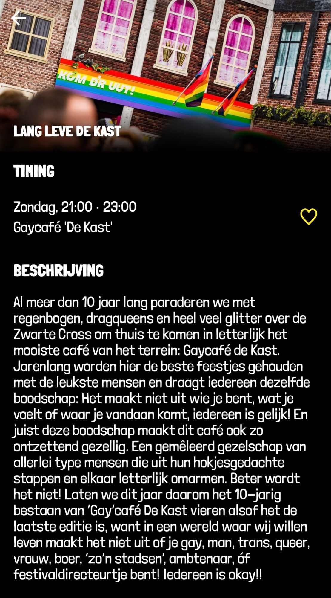 Screenshot van de beschrijving van Gaycafé De Kast op de site van de Zwarte Cross. Met o.a. deze tekst.