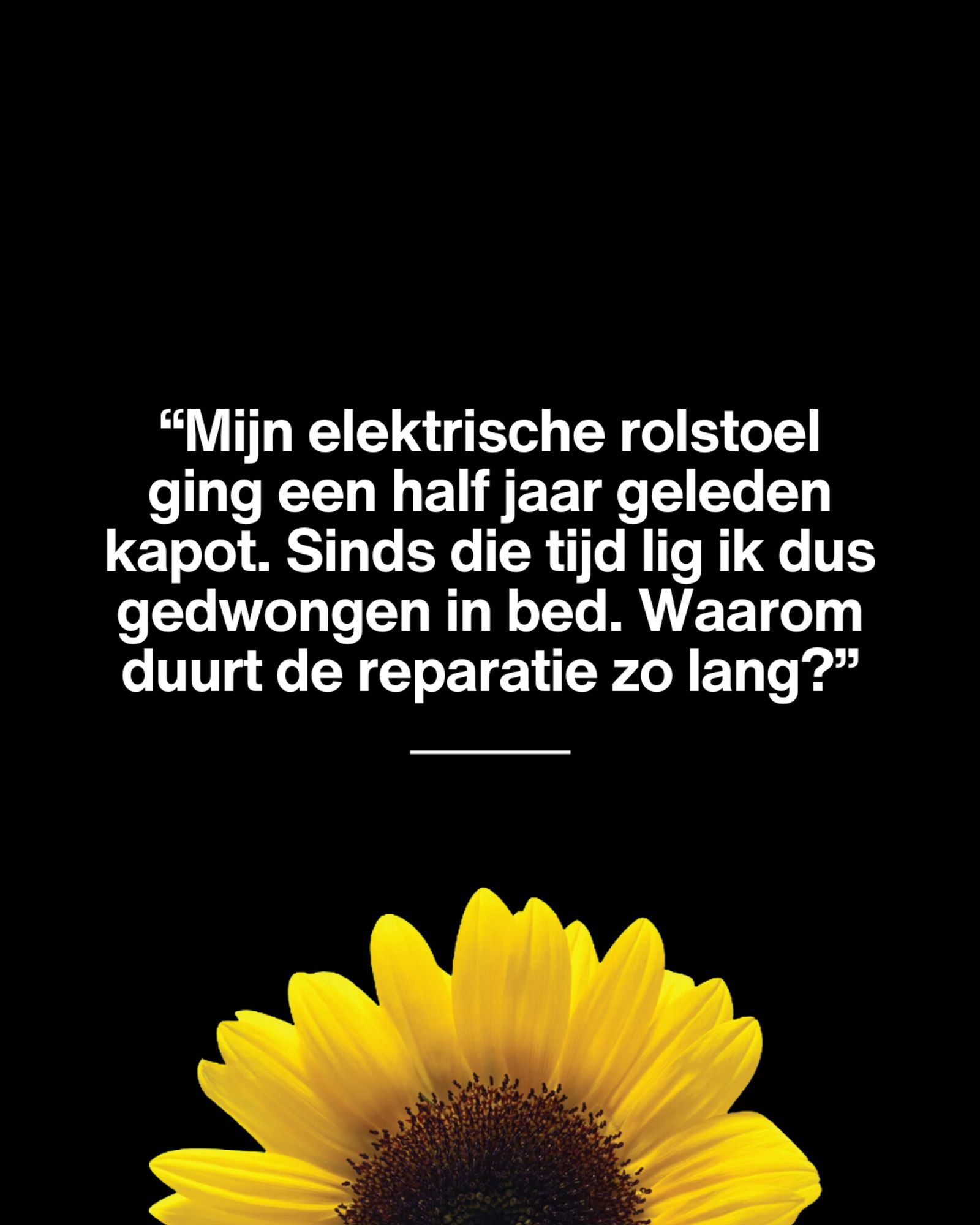 Zwart vlak met tekst in witte letters:
“Mijn elektrische rolstoel ging een half jaar geleden kapot. Sinds die tijd lig ik dus gedwongen in bed. Waarom duurt de reparatie zo lang?”

Daaronder een halve zonnebloem met felgele bladeren.