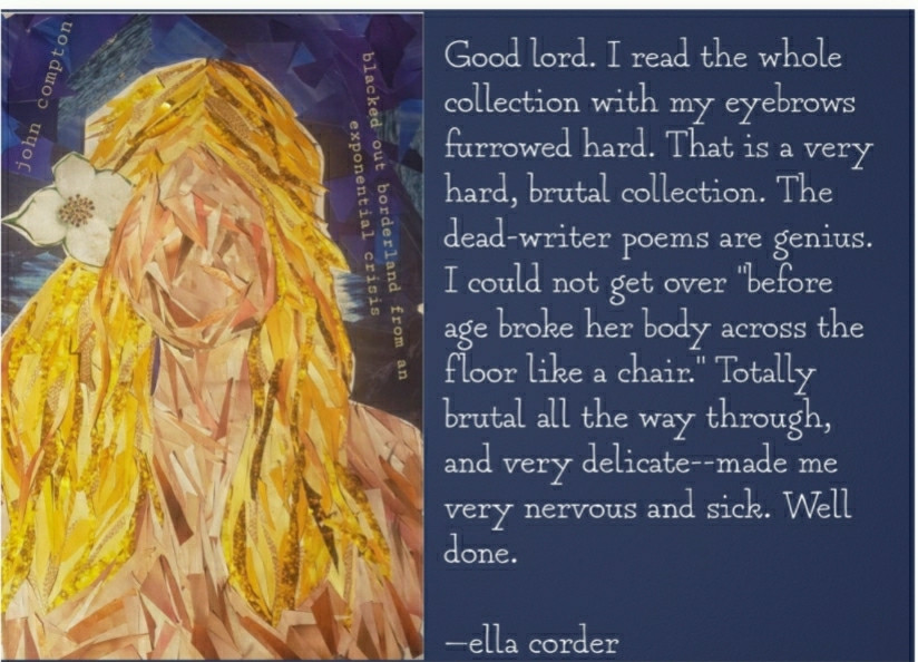 Good lord. I read the whole collection with my eyebrows furrowed hard. That is a very hard, brutal collection. The dead-writer poems are genius. I could not get over "before age broke her body across the floor like a chair." Totally brutal all the way through, and very delicate--made me very nervous and sick. Well done.
—ella corder