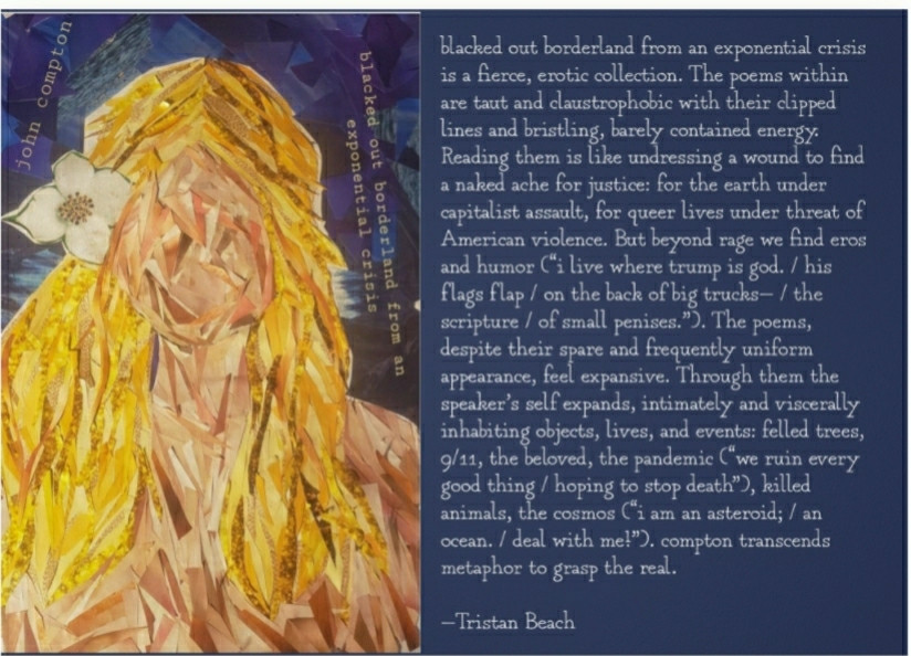 blacked out borderland from an exponential crisis is a fierce, erotic collection. The poems within are taut and claustrophobic with their clipped lines and bristling, barely contained energy. Reading them is like undressing a wound to find a naked ache for justice: for the earth under capitalist assault, for queer lives under threat of American violence. But beyond rage we find eros and humor (“i live where trump is god. / his flags flap / on the back of big trucks— / the scripture / of small penises.”). The poems, despite their spare and frequently uniform appearance, feel expansive. Through them the speaker’s self expands, intimately and viscerally inhabiting objects, lives, and events: felled trees, 9/11, the beloved, the pandemic (“we ruin every good thing / hoping to stop death”), killed animals, the cosmos (“i am an asteroid; / an ocean. / deal with me!”). compton transcends metaphor to grasp the real.
—Tristan Beach