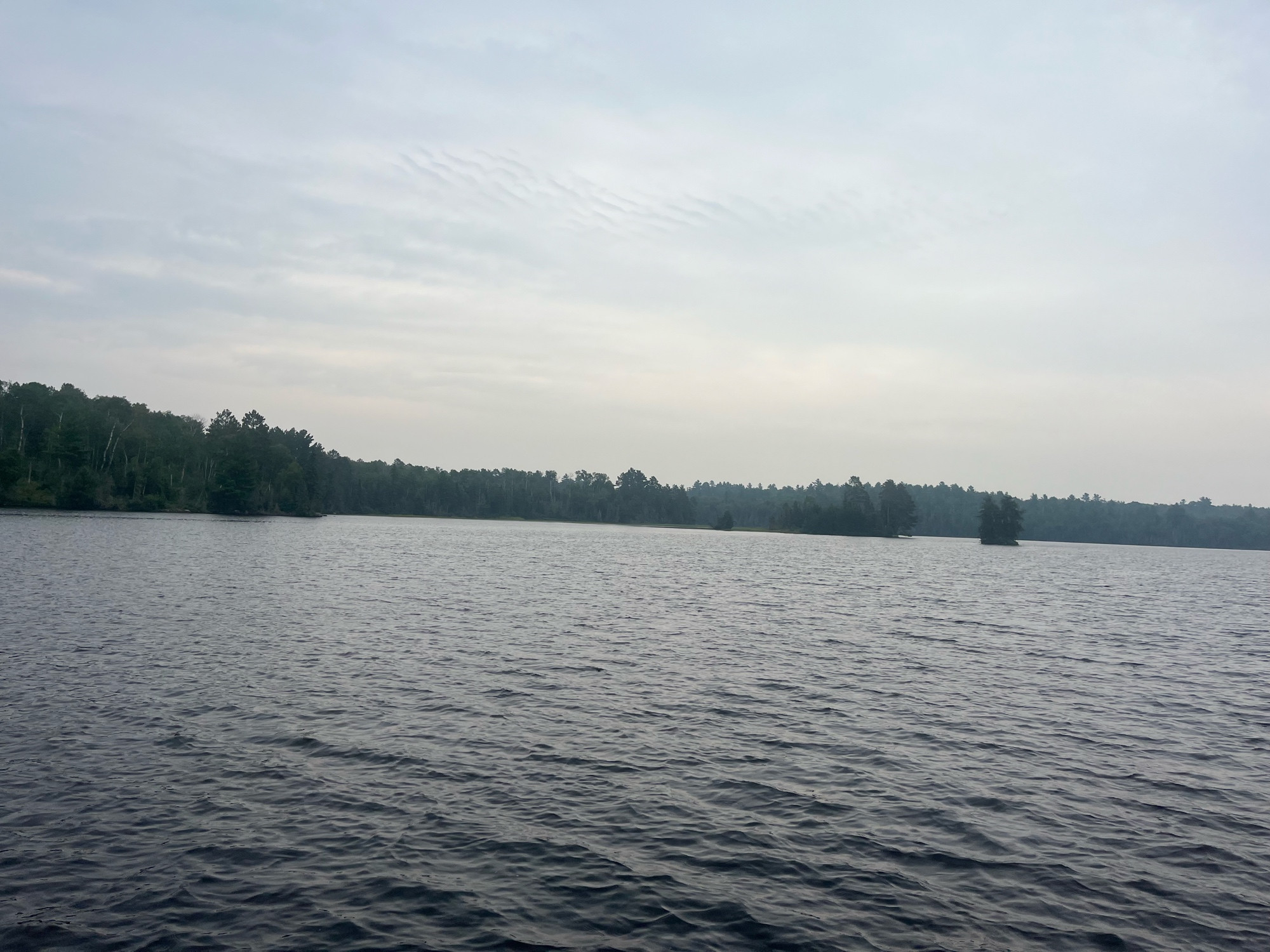 A lake with wooded shores.
