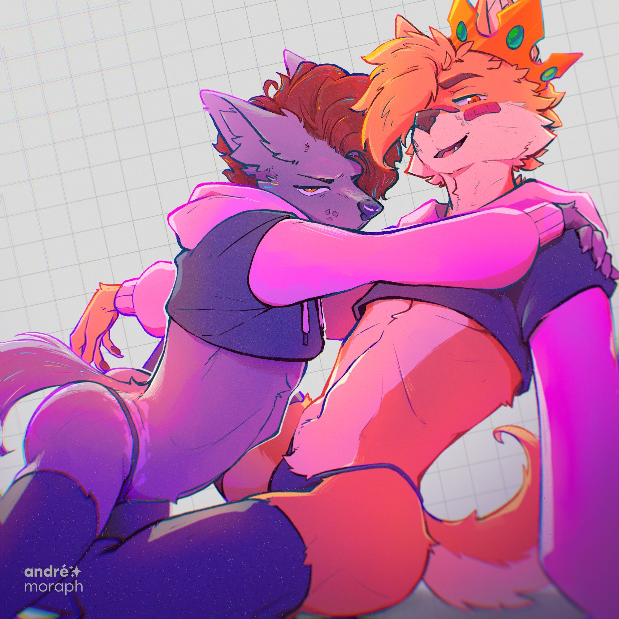 Illustration of Whiskey Dingo and André moraph wearing a short crop-top and thigh highs