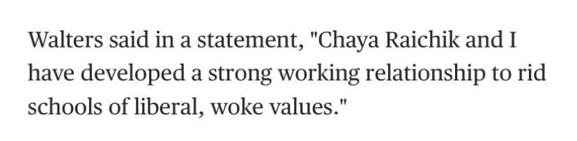 Walters to NBC News: “Chaya Raichik and I have developed a strong working relationship to rid schools of liberal, wile values.”